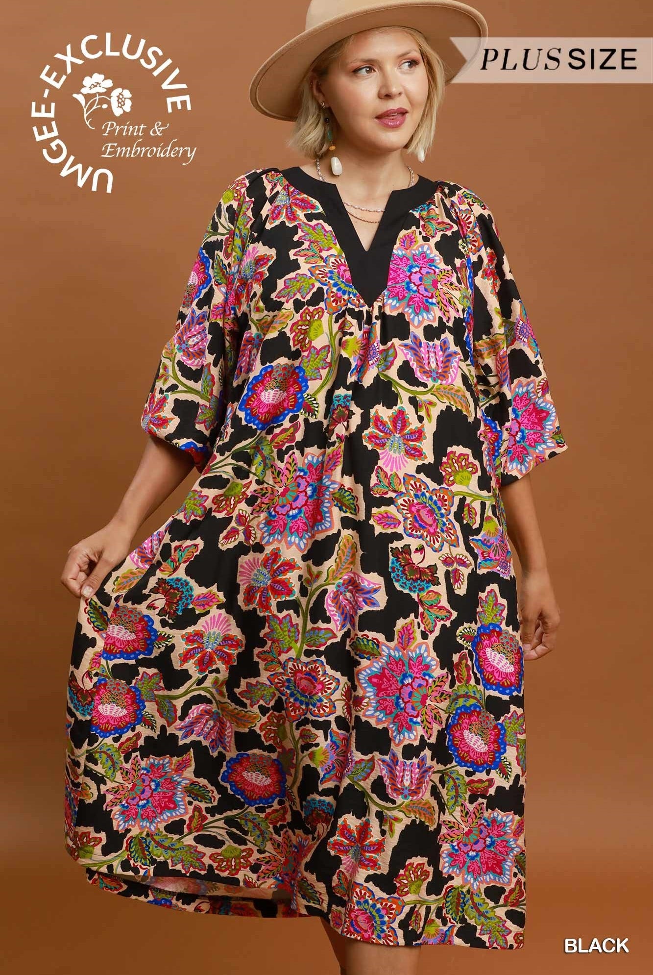 Umgee Plus Abstract Print Embroidered Belted Midi Dress in Black-Curvy/Plus Dresses-Umgee-Deja Nu Boutique, Women's Fashion Boutique in Lampasas, Texas