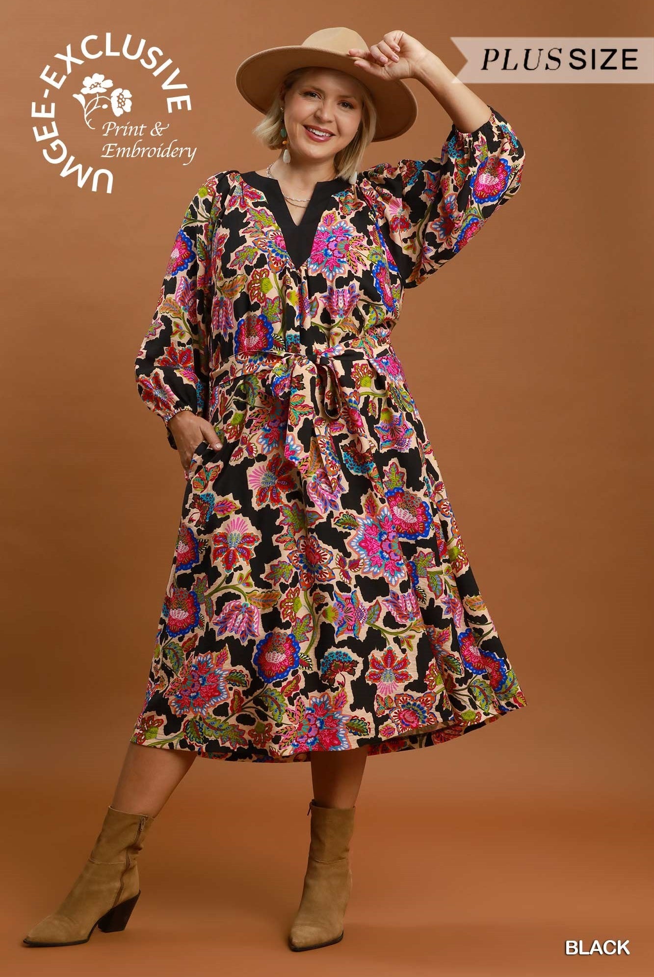 Umgee Plus Abstract Print Embroidered Belted Midi Dress in Black-Curvy/Plus Dresses-Umgee-Deja Nu Boutique, Women's Fashion Boutique in Lampasas, Texas