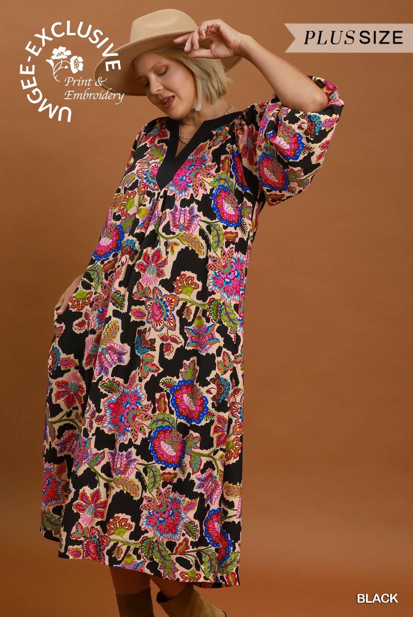 Umgee Plus Abstract Print Embroidered Belted Midi Dress in Black-Curvy/Plus Dresses-Umgee-Deja Nu Boutique, Women's Fashion Boutique in Lampasas, Texas