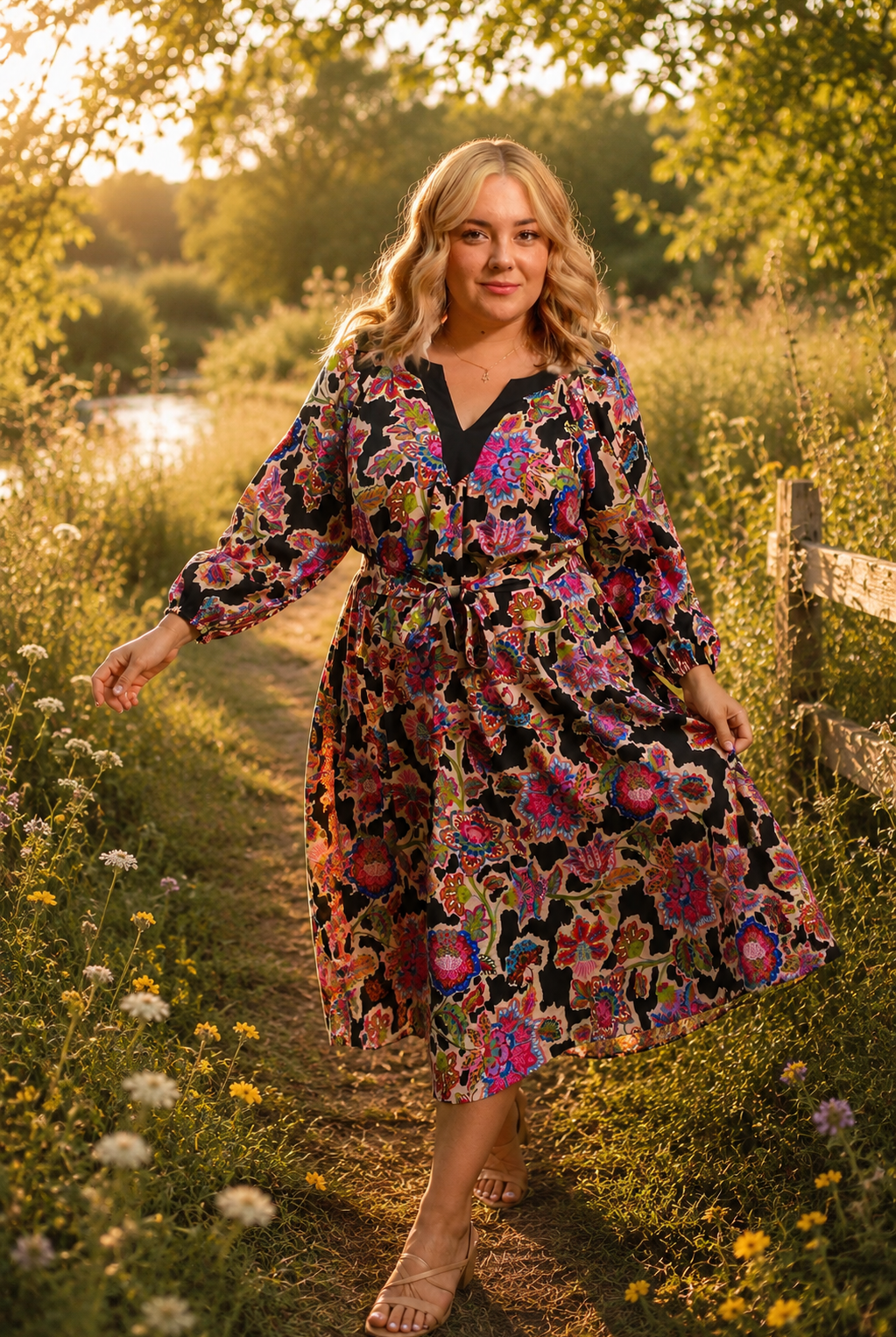Umgee Plus Abstract Print Embroidered Belted Midi Dress in Black-Curvy/Plus Dresses-Umgee-Deja Nu Boutique, Women's Fashion Boutique in Lampasas, Texas