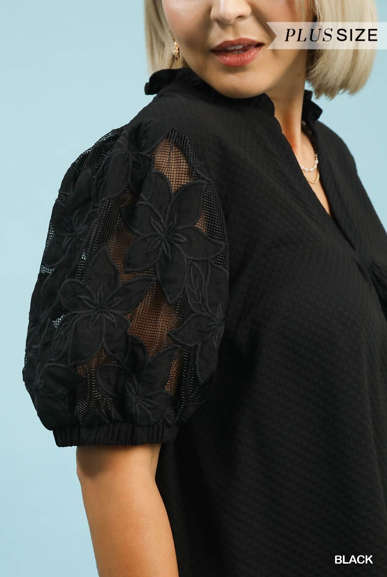 Umgee Plus Black Textured Blouse with Lace Puff Sleeves-Curvy/Plus Blouses-Umgee-Deja Nu Boutique, Women's Fashion Boutique in Lampasas, Texas