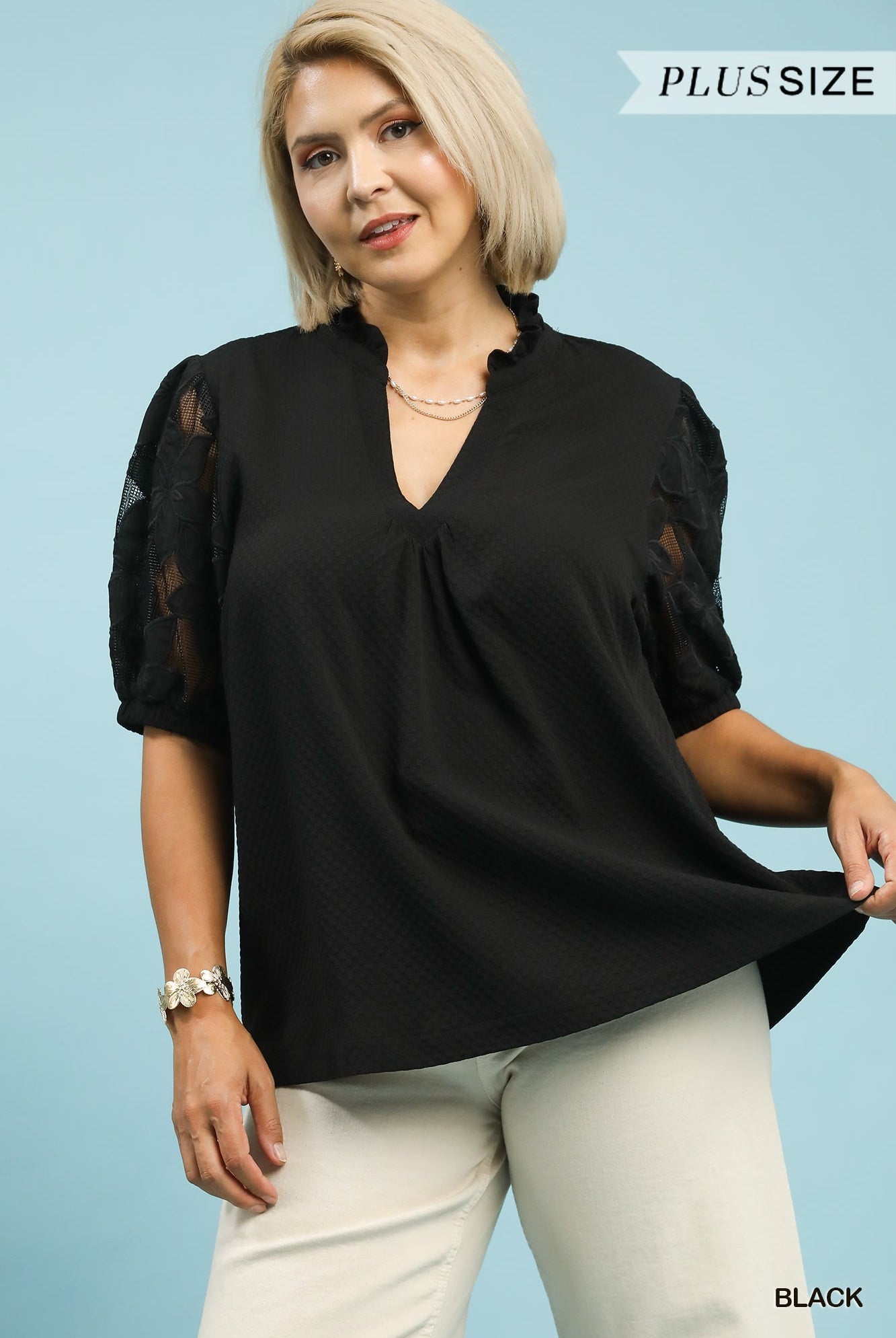 Umgee Plus Black Textured Blouse with Lace Puff Sleeves-Curvy/Plus Blouses-Umgee-Deja Nu Boutique, Women's Fashion Boutique in Lampasas, Texas
