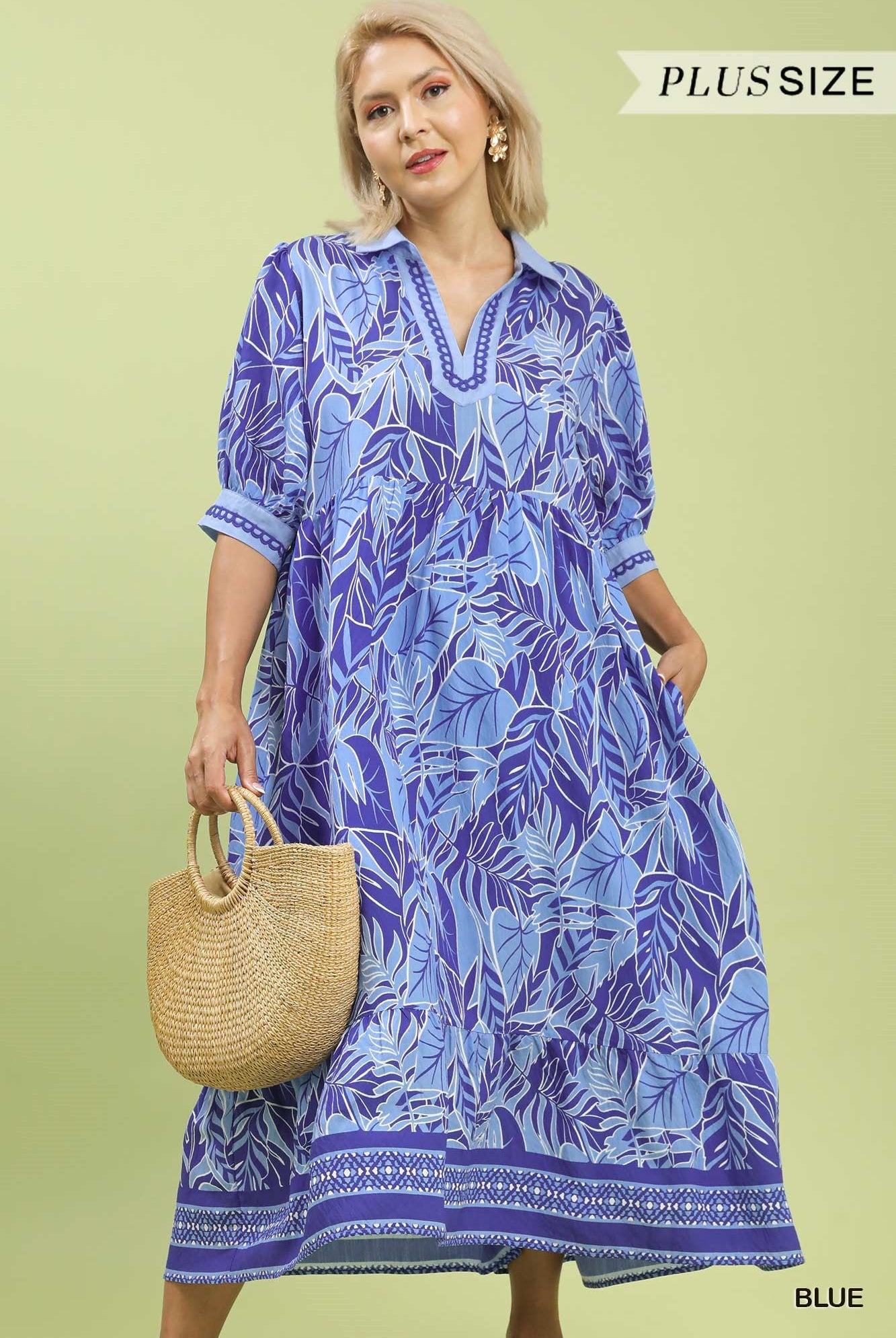 Umgee Blue Leafy Border Print V-Neck Midi Dress Plus Size-Curvy/Plus Dresses-Umgee-Deja Nu Boutique, Women's Fashion Boutique in Lampasas, Texas
