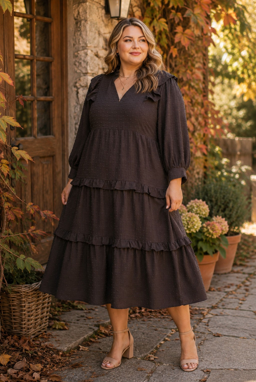 Umgee Plus Textured Ruffle Tiered Midi Dress in Chocolate-Curvy/Plus Dresses-Umgee-Deja Nu Boutique, Women's Fashion Boutique in Lampasas, Texas
