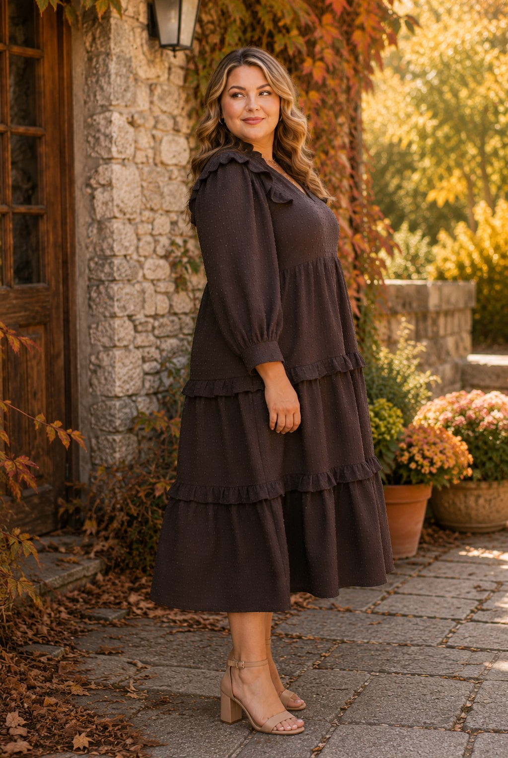 Umgee Plus Textured Ruffle Tiered Midi Dress in Chocolate-Curvy/Plus Dresses-Umgee-Deja Nu Boutique, Women's Fashion Boutique in Lampasas, Texas