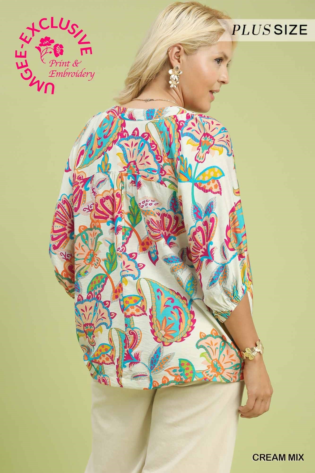 Umgee Paisley Print V-Neck Top - Cream Mix-Curvy/Plus Blouses-Umgee-Deja Nu Boutique, Women's Fashion Boutique in Lampasas, Texas