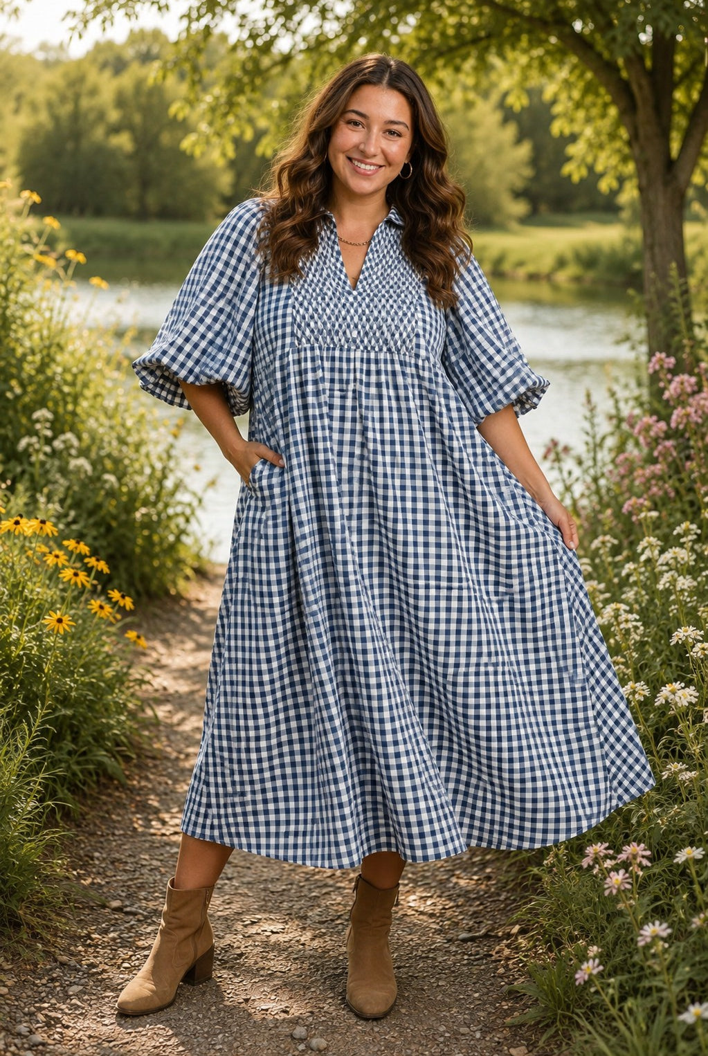 Umgee Plus Denim Blue Puff Sleeve Plaid Midi Dress-Curvy/Plus Dresses-Umgee-Deja Nu Boutique, Women's Fashion Boutique in Lampasas, Texas