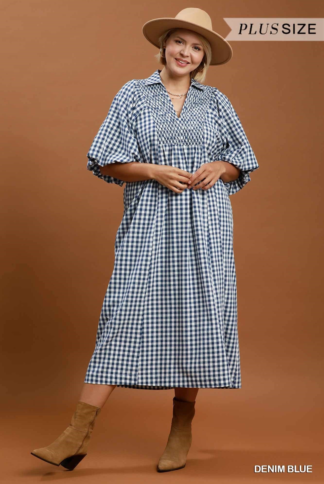 Umgee Plus Denim Blue Puff Sleeve Plaid Midi Dress-Curvy/Plus Dresses-Umgee-Deja Nu Boutique, Women's Fashion Boutique in Lampasas, Texas