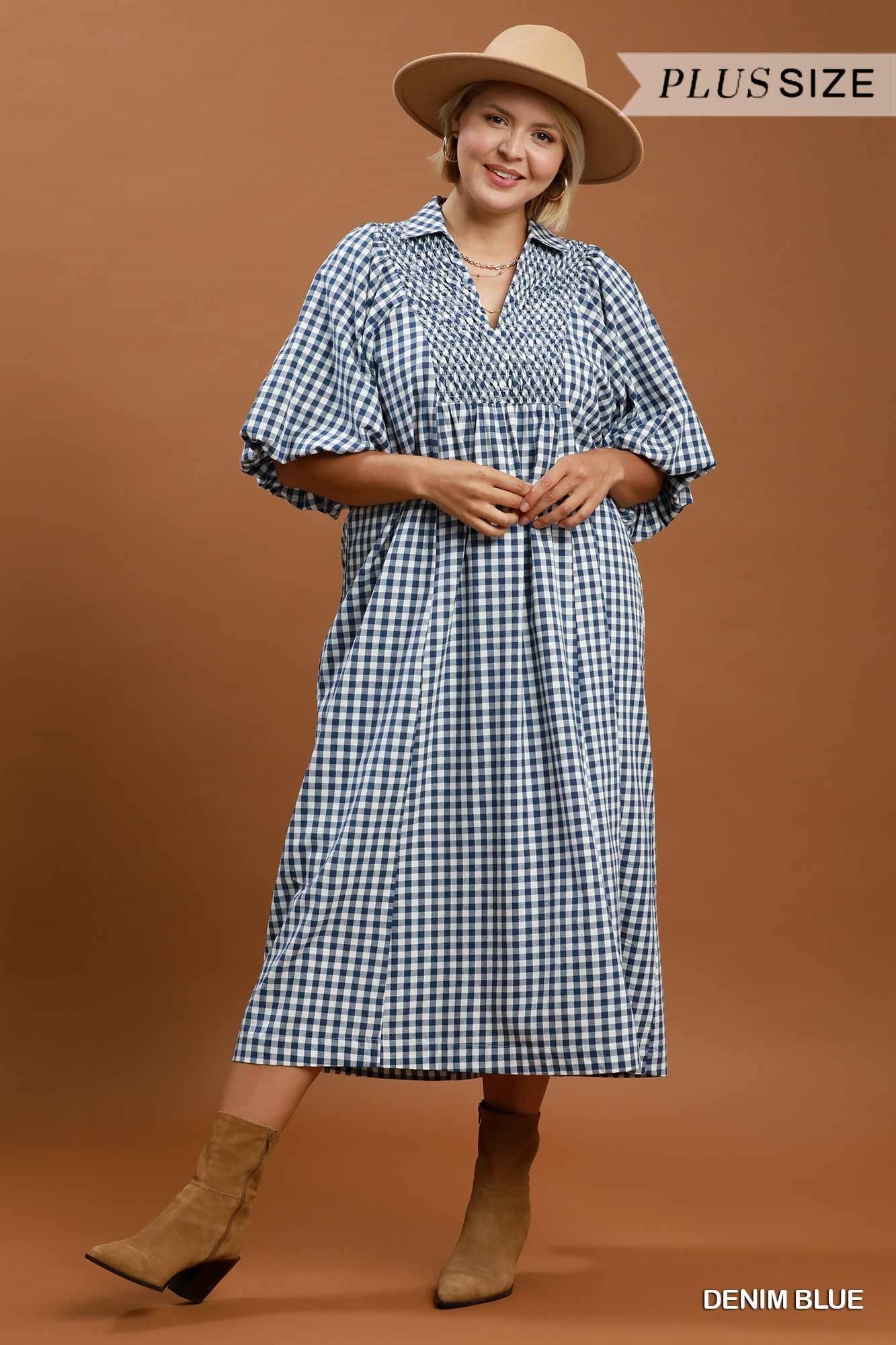 Umgee Plus Denim Blue Puff Sleeve Plaid Midi Dress-Curvy/Plus Dresses-Umgee-Deja Nu Boutique, Women's Fashion Boutique in Lampasas, Texas