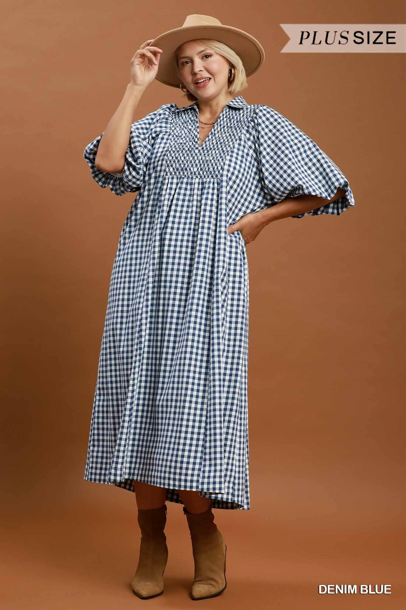Umgee Plus Denim Blue Puff Sleeve Plaid Midi Dress-Curvy/Plus Dresses-Umgee-Deja Nu Boutique, Women's Fashion Boutique in Lampasas, Texas