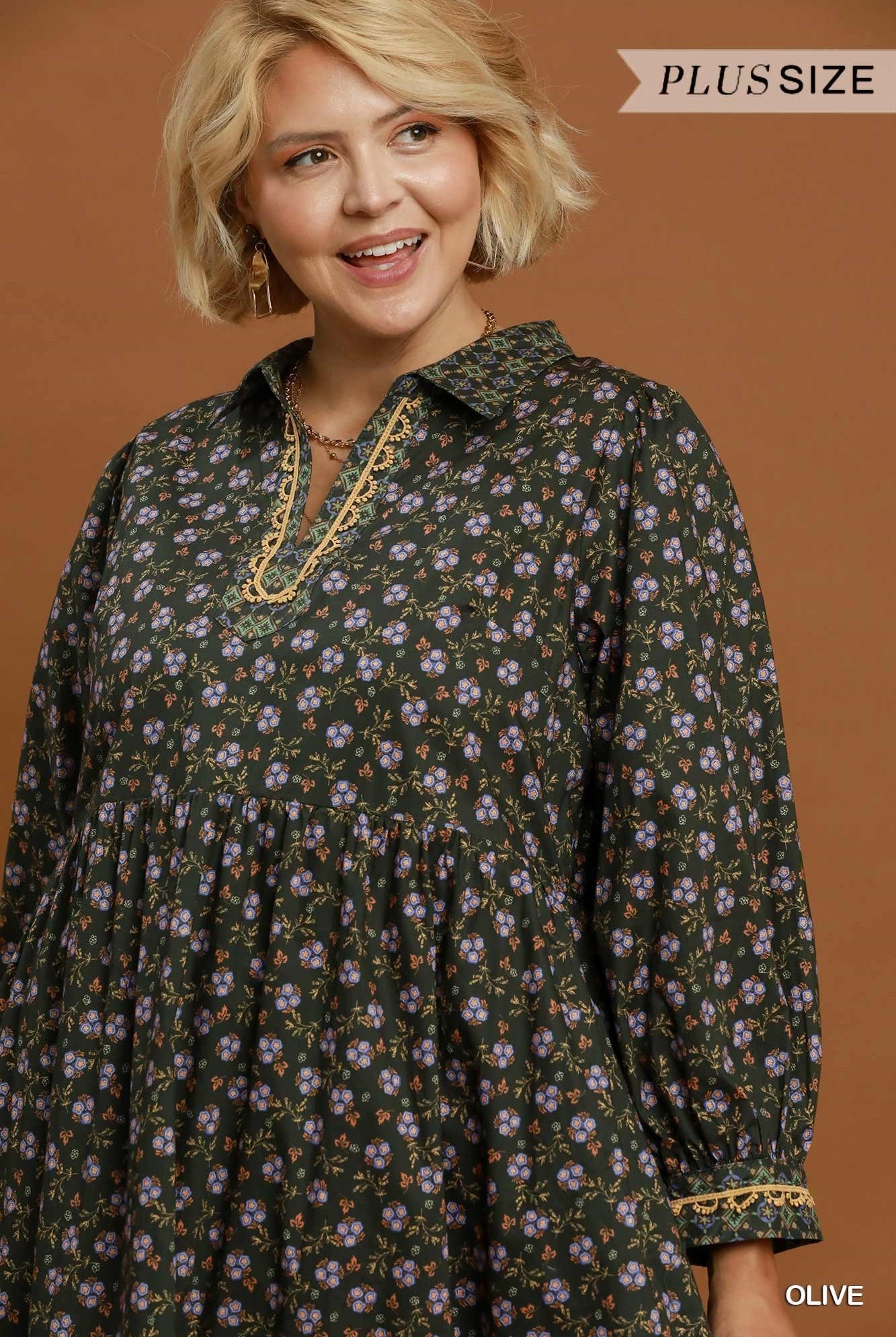 Umgee Plus Floral Mix Media Print Midi Dress Olive-Curvy/Plus Dresses-Umgee-Deja Nu Boutique, Women's Fashion Boutique in Lampasas, Texas