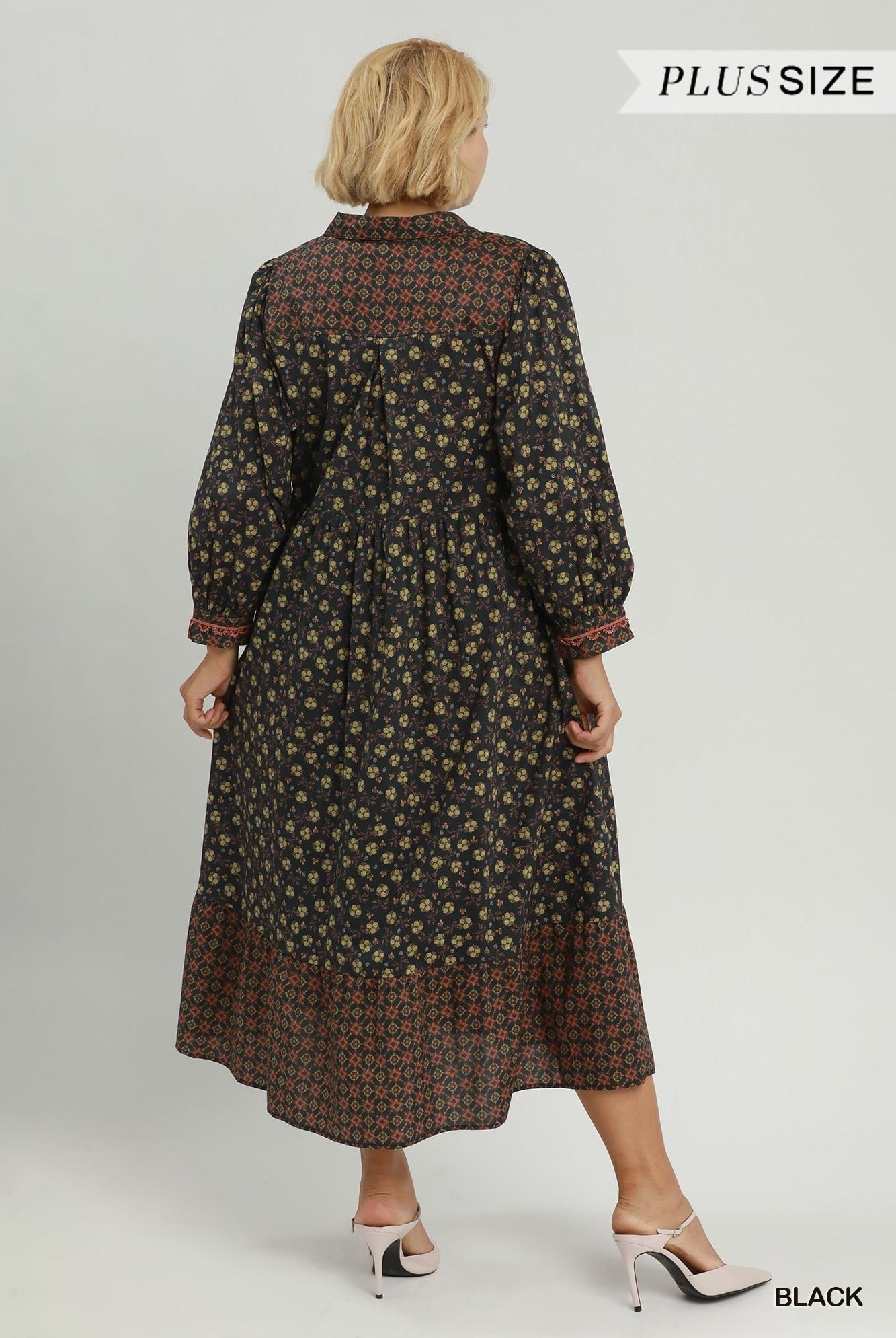 Umgee Plus Floral Mix Media Print Midi Dress â Black-Curvy/Plus Dresses-Umgee-Deja Nu Boutique, Women's Fashion Boutique in Lampasas, Texas