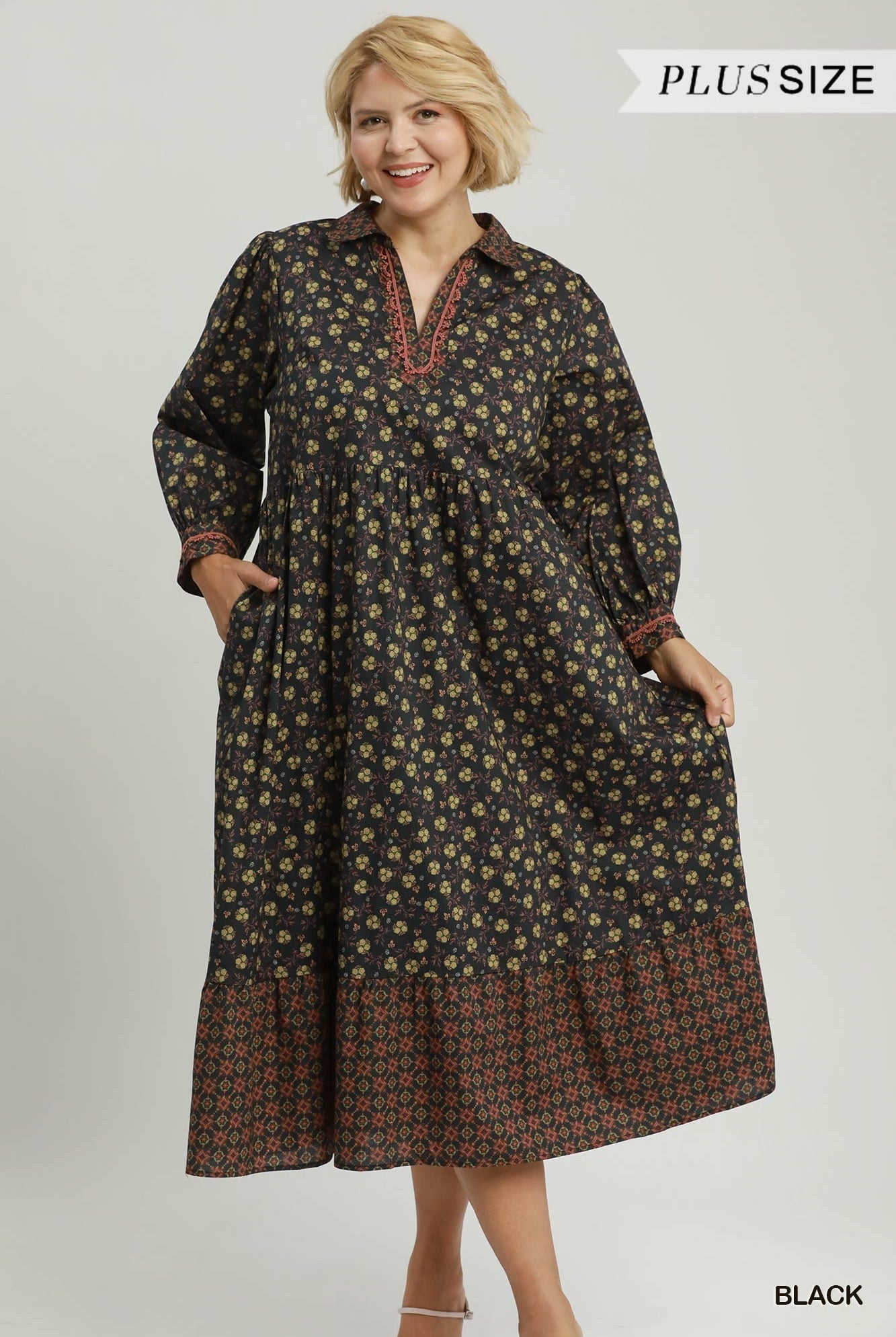 Umgee Plus Floral Mix Media Print Midi Dress â Black-Curvy/Plus Dresses-Umgee-Deja Nu Boutique, Women's Fashion Boutique in Lampasas, Texas