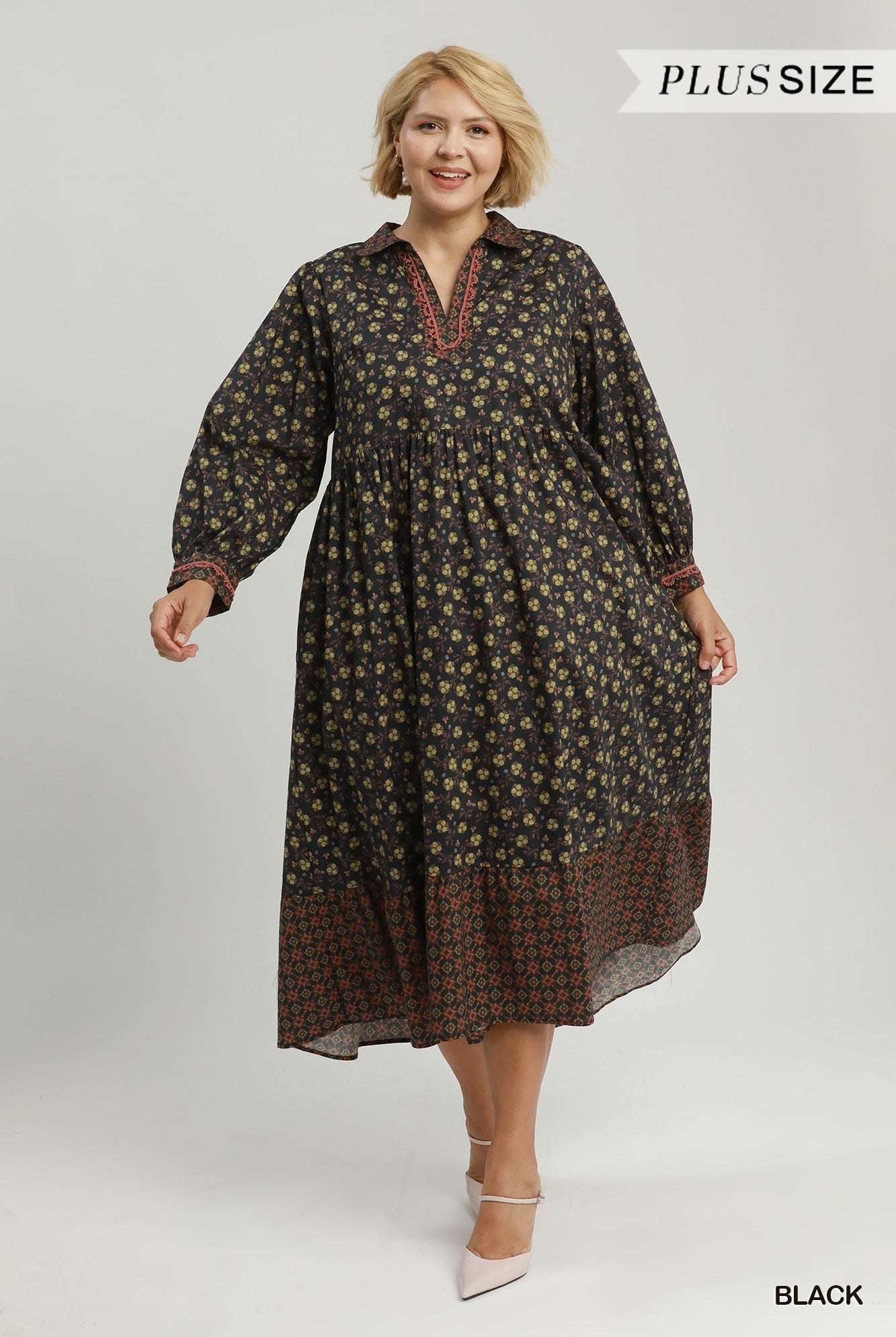 Umgee Plus Floral Mix Media Print Midi Dress â Black-Curvy/Plus Dresses-Umgee-Deja Nu Boutique, Women's Fashion Boutique in Lampasas, Texas