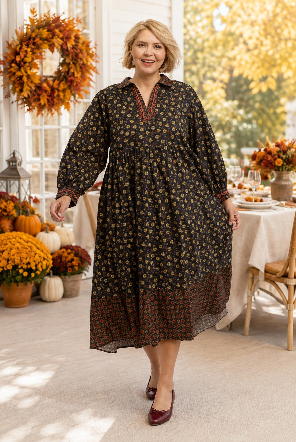 Umgee Plus Floral Mix Media Print Midi Dress â Black-Curvy/Plus Dresses-Umgee-Deja Nu Boutique, Women's Fashion Boutique in Lampasas, Texas