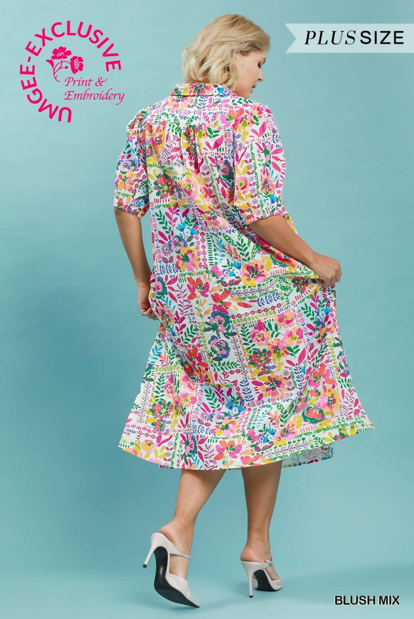 Umgee Plus Size Folk Art Floral Midi Dress – Blush Mix-Curvy/Plus Dresses-Umgee-Deja Nu Boutique, Women's Fashion Boutique in Lampasas, Texas