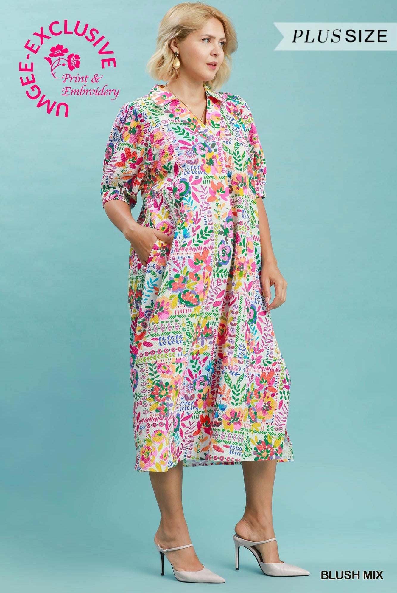 Umgee Plus Size Folk Art Floral Midi Dress – Blush Mix-Curvy/Plus Dresses-Umgee-Deja Nu Boutique, Women's Fashion Boutique in Lampasas, Texas