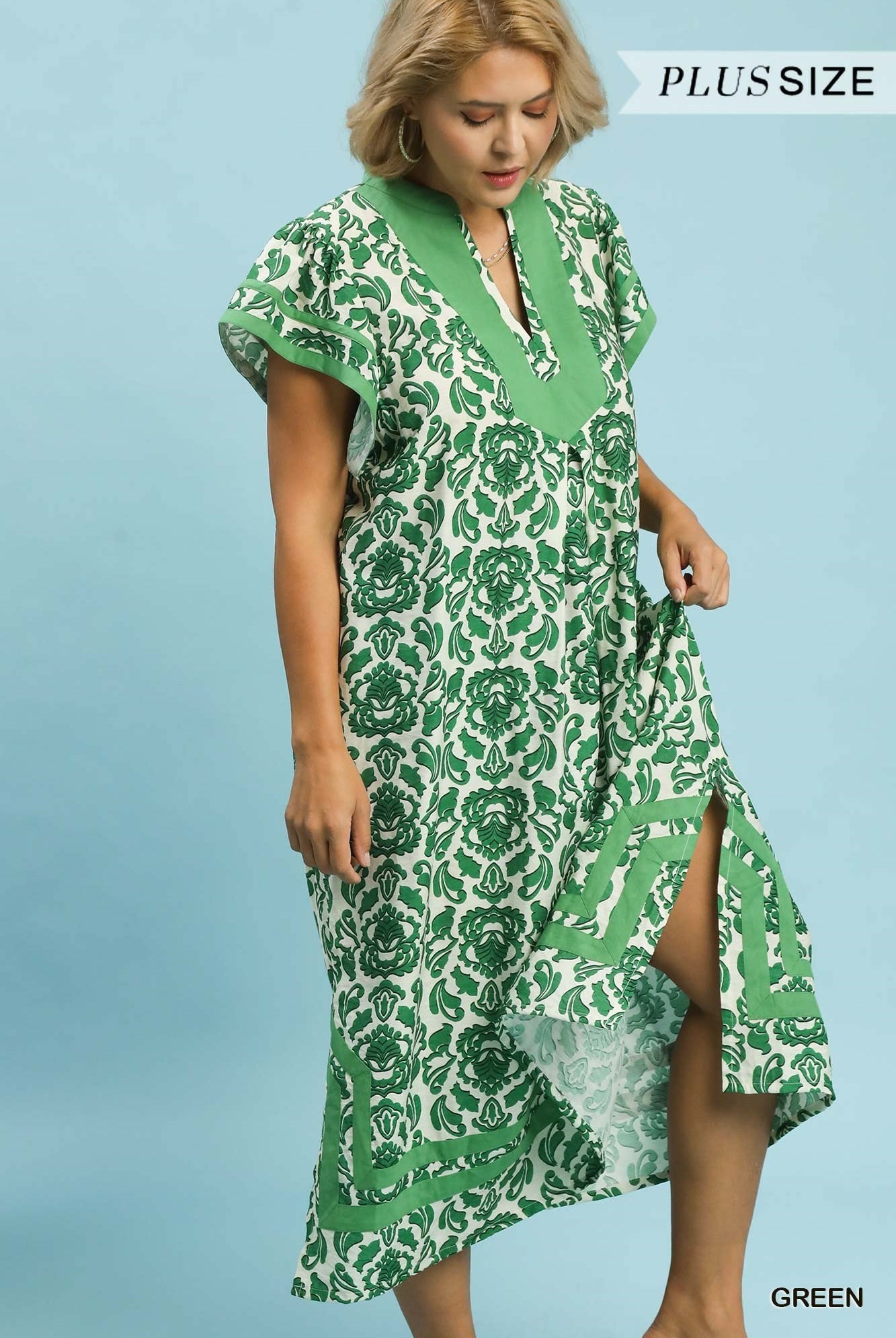 Umgee Plus Green Abstract Two Tone Print Midi Dress-Curvy/Plus Dresses-Umgee-Deja Nu Boutique, Women's Fashion Boutique in Lampasas, Texas