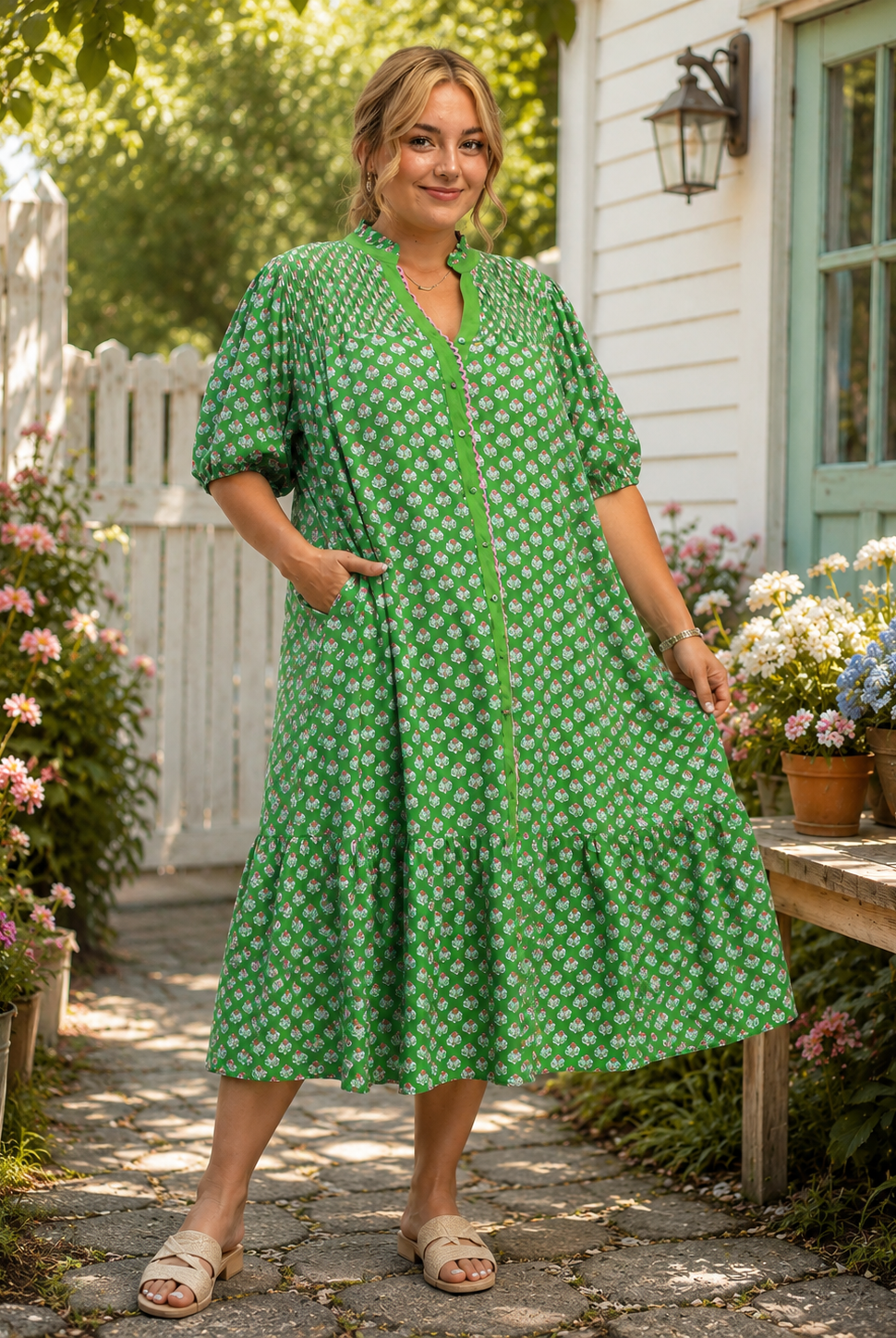 Umgee Plus Green Mix Floral Print Button Down Midi Dress-Curvy/Plus Dresses-umgee-Deja Nu Boutique, Women's Fashion Boutique in Lampasas, Texas
