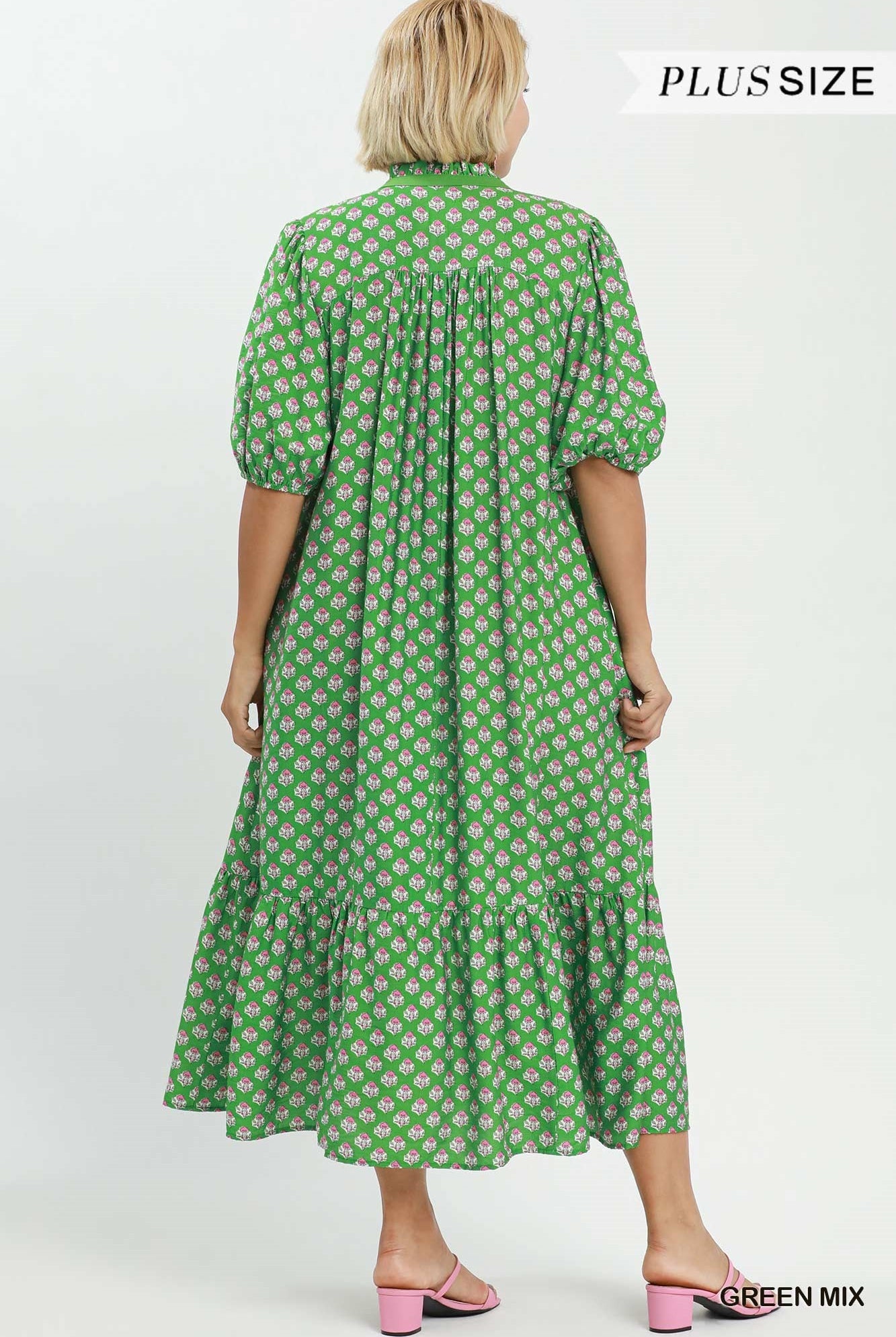 Umgee Plus Green Mix Floral Print Button Down Midi Dress-Curvy/Plus Dresses-umgee-Deja Nu Boutique, Women's Fashion Boutique in Lampasas, Texas