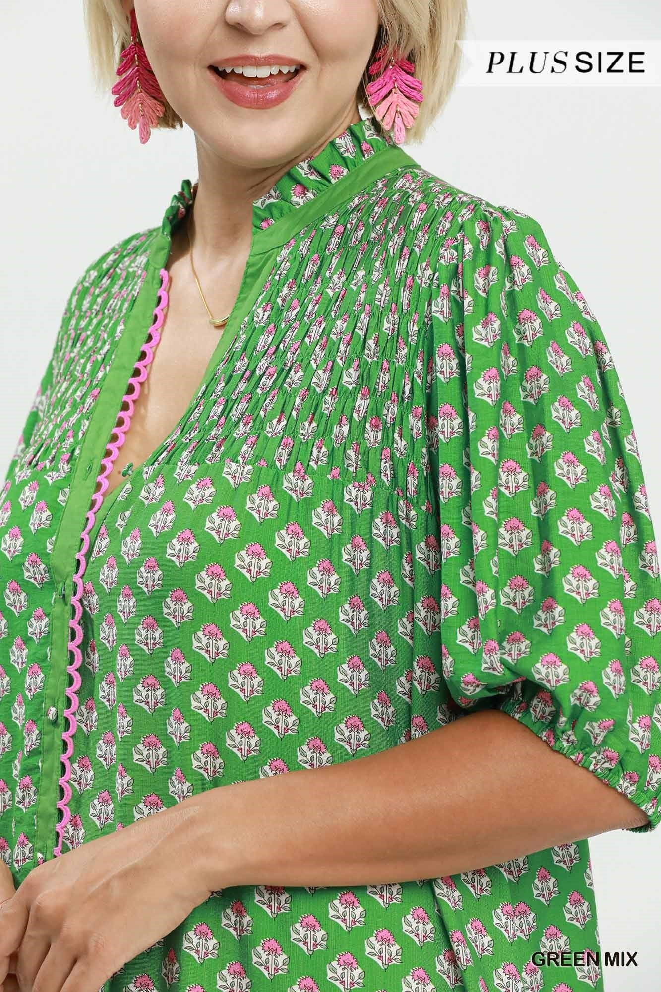 Umgee Plus Green Mix Floral Print Button Down Midi Dress-Curvy/Plus Dresses-umgee-Deja Nu Boutique, Women's Fashion Boutique in Lampasas, Texas