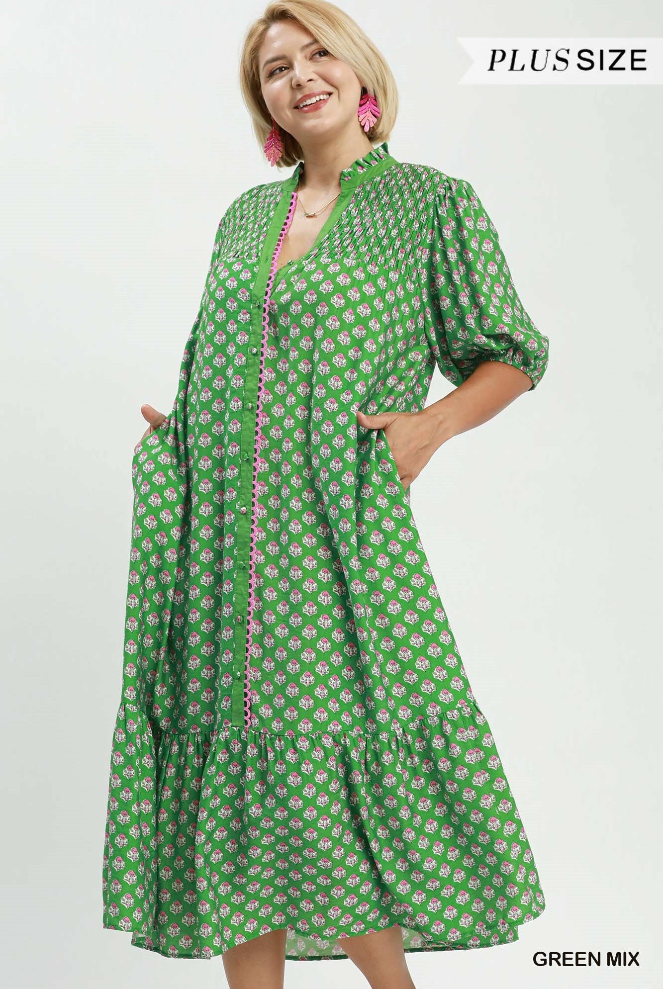 Umgee Plus Green Mix Floral Print Button Down Midi Dress-Curvy/Plus Dresses-umgee-Deja Nu Boutique, Women's Fashion Boutique in Lampasas, Texas