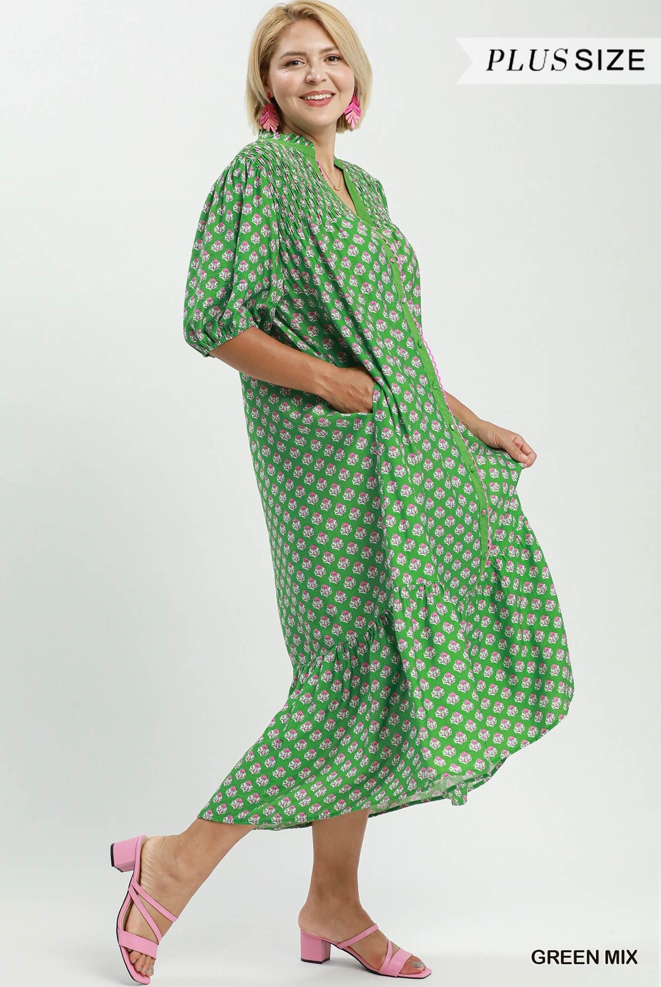 Umgee Plus Green Mix Floral Print Button Down Midi Dress-Curvy/Plus Dresses-umgee-Deja Nu Boutique, Women's Fashion Boutique in Lampasas, Texas