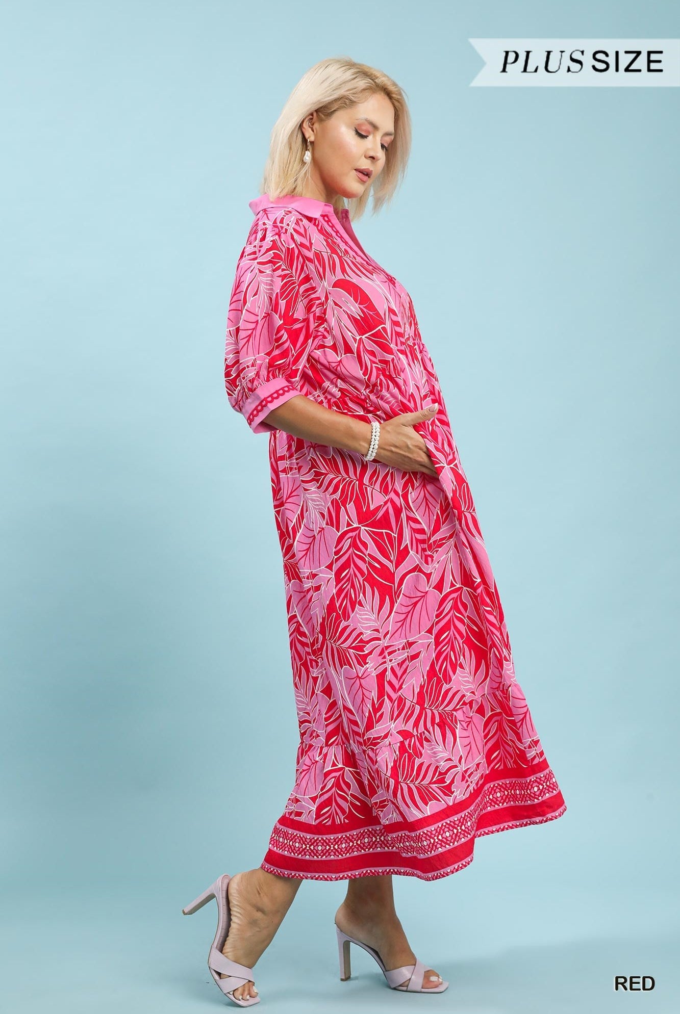 Umgee Red Leafy Border Print V-Neck Midi Dress Plus Size-Curvy/Plus Dresses-Umgee-Deja Nu Boutique, Women's Fashion Boutique in Lampasas, Texas