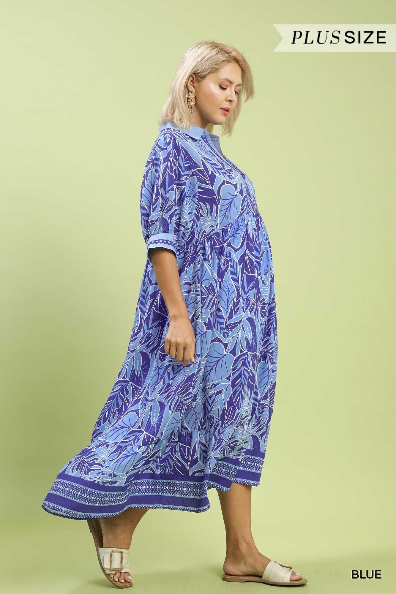 Umgee Blue Leafy Border Print V-Neck Midi Dress Plus Size-Curvy/Plus Dresses-Umgee-Deja Nu Boutique, Women's Fashion Boutique in Lampasas, Texas