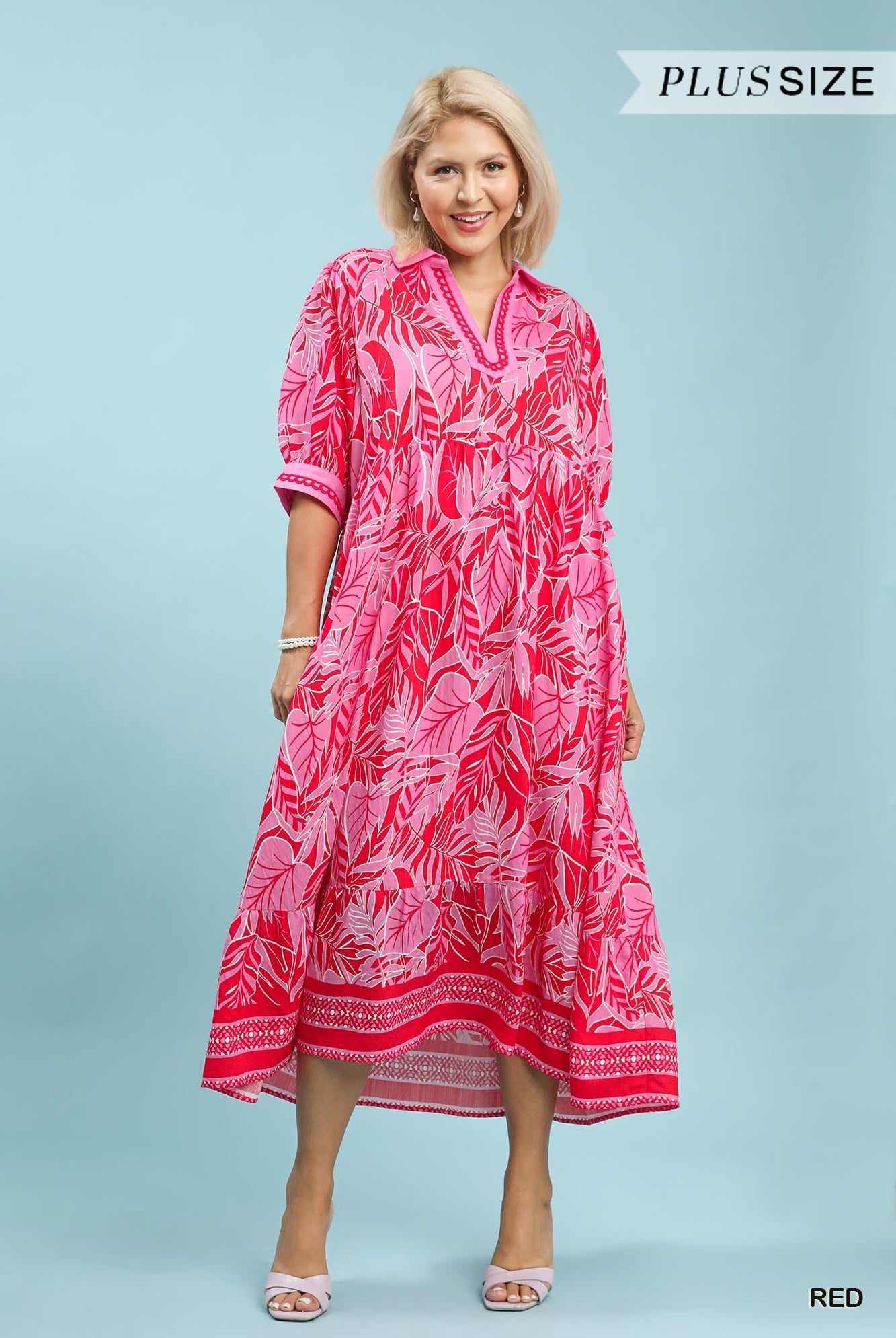 Umgee Red Leafy Border Print V-Neck Midi Dress Plus Size-Curvy/Plus Dresses-Umgee-Deja Nu Boutique, Women's Fashion Boutique in Lampasas, Texas