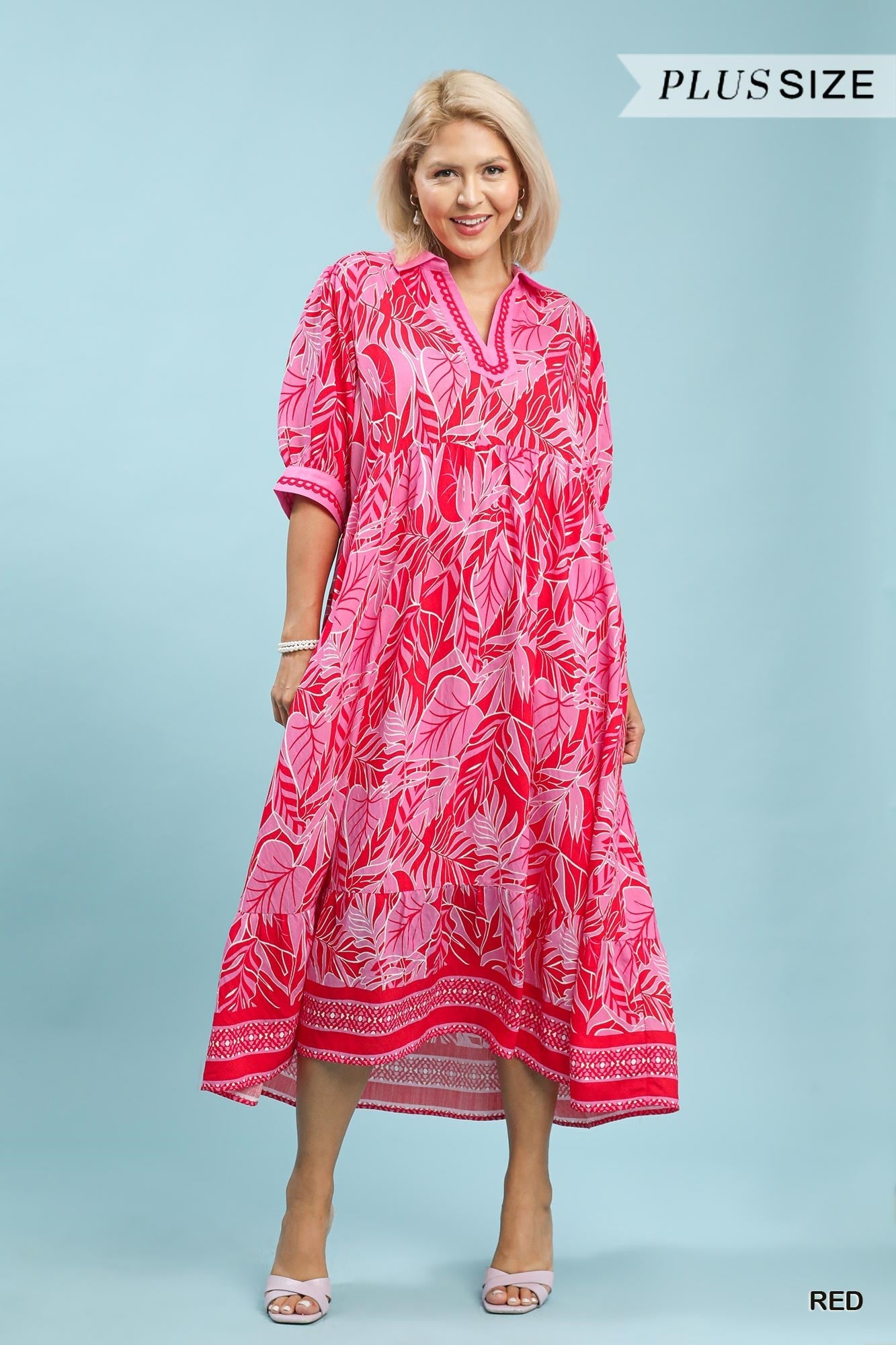 Umgee Red Leafy Border Print V-Neck Midi Dress Plus Size-Curvy/Plus Dresses-Umgee-Deja Nu Boutique, Women's Fashion Boutique in Lampasas, Texas