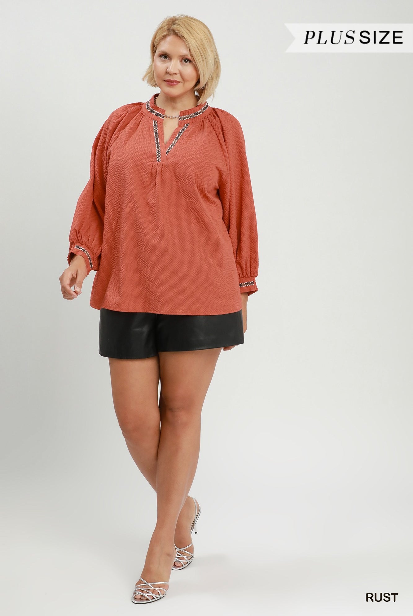 Umgee Rust Puff Sleeve Trim Detail Blouse – Plus Size-Curvy/Plus Blouses-Umgee-Deja Nu Boutique, Women's Fashion Boutique in Lampasas, Texas