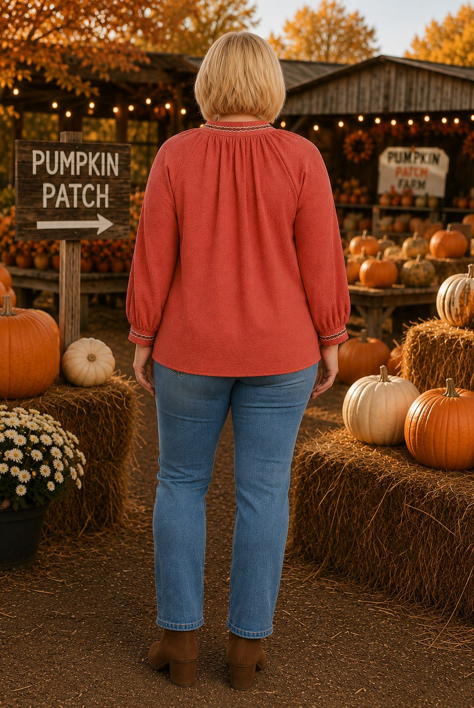 Umgee Rust Puff Sleeve Trim Detail Blouse – Plus Size-Curvy/Plus Blouses-Umgee-Deja Nu Boutique, Women's Fashion Boutique in Lampasas, Texas