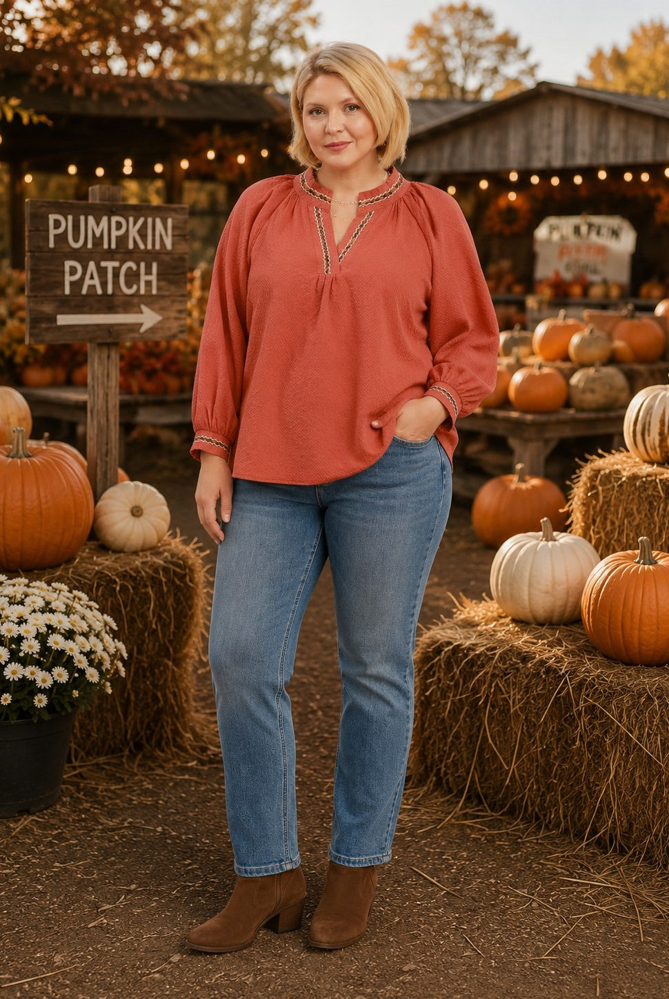 Umgee Rust Puff Sleeve Trim Detail Blouse – Plus Size-Curvy/Plus Blouses-Umgee-Deja Nu Boutique, Women's Fashion Boutique in Lampasas, Texas