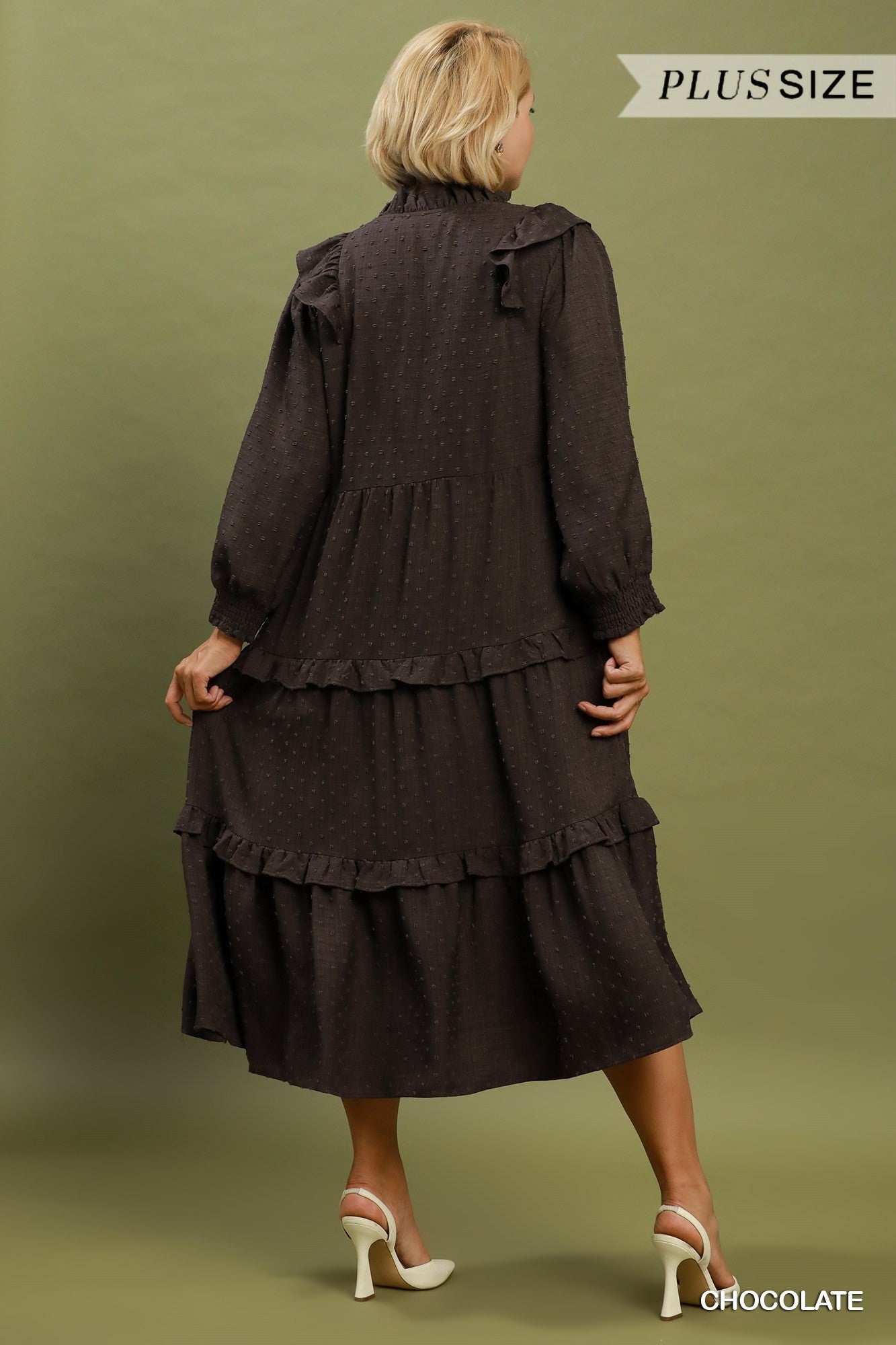 Umgee Plus Textured Ruffle Tiered Midi Dress in Chocolate-Curvy/Plus Dresses-Umgee-Deja Nu Boutique, Women's Fashion Boutique in Lampasas, Texas