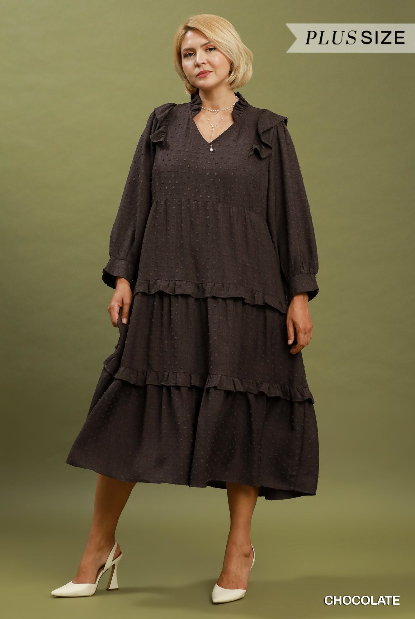Umgee Plus Textured Ruffle Tiered Midi Dress in Chocolate-Curvy/Plus Dresses-Umgee-Deja Nu Boutique, Women's Fashion Boutique in Lampasas, Texas
