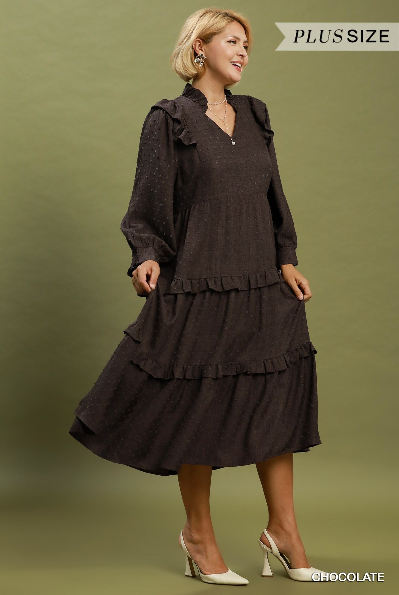 Umgee Plus Textured Ruffle Tiered Midi Dress in Chocolate-Curvy/Plus Dresses-Umgee-Deja Nu Boutique, Women's Fashion Boutique in Lampasas, Texas