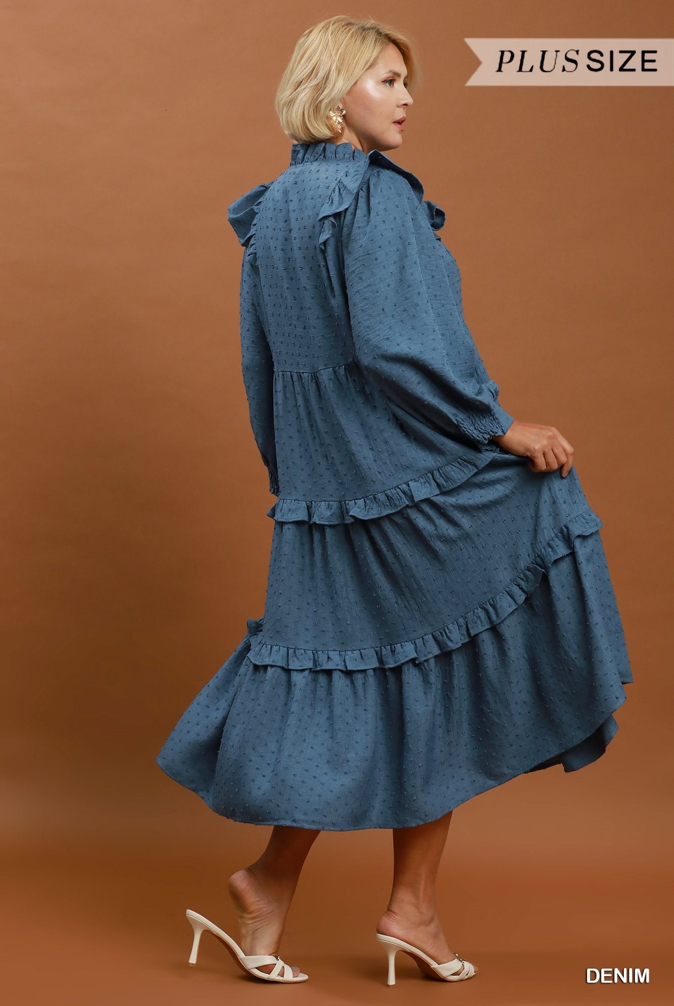 Umgee Plus Textured Ruffle Tiered Midi Dress in Denim Blue-Curvy/Plus Dresses-Umgee-Deja Nu Boutique, Women's Fashion Boutique in Lampasas, Texas