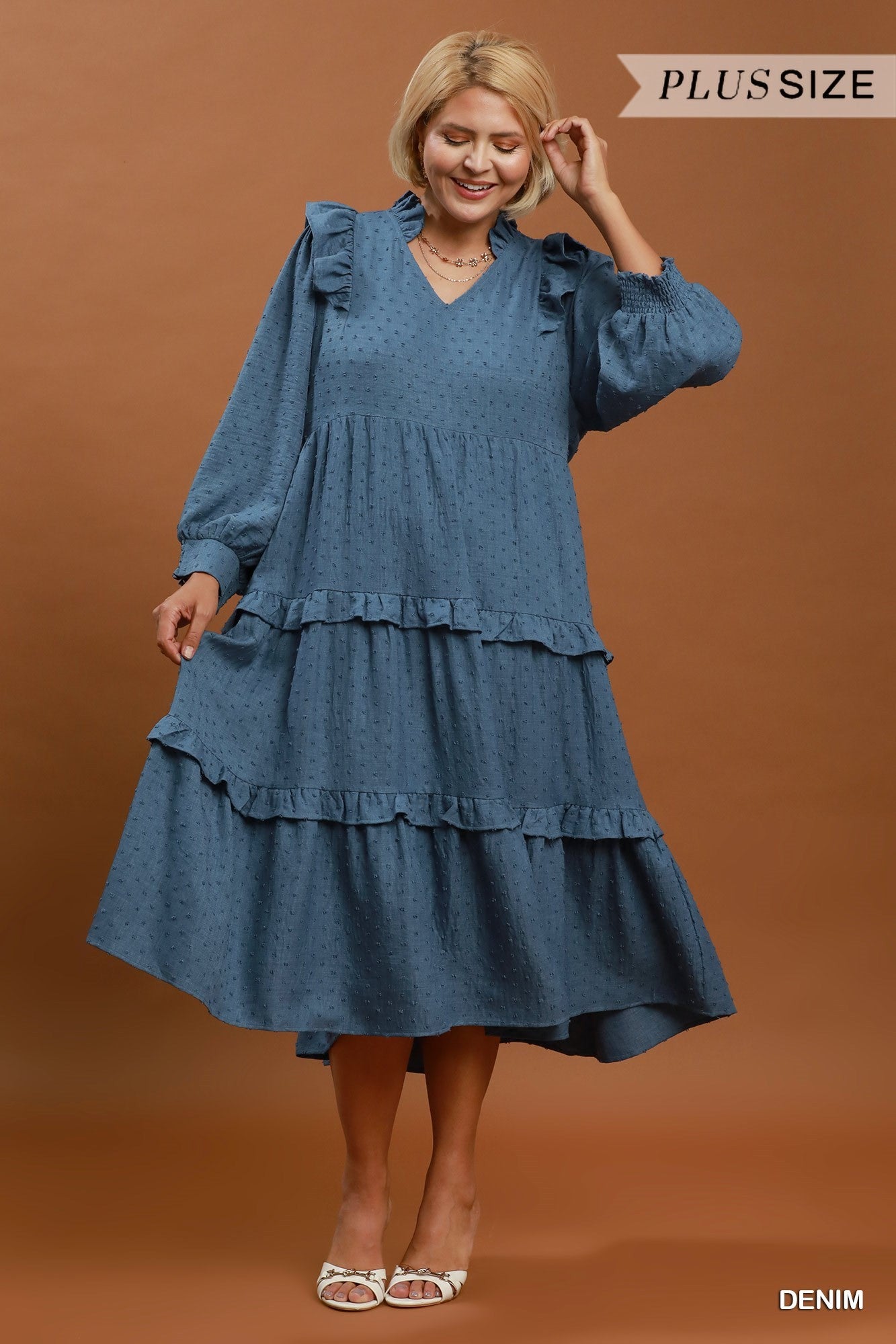 Umgee Plus Textured Ruffle Tiered Midi Dress in Denim Blue-Curvy/Plus Dresses-Umgee-Deja Nu Boutique, Women's Fashion Boutique in Lampasas, Texas