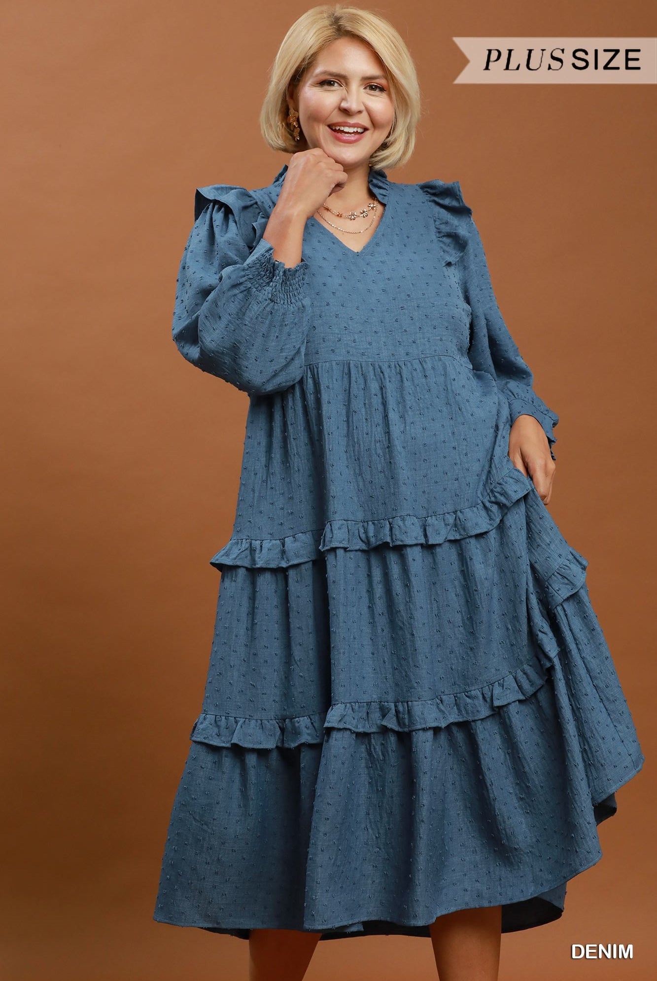 Umgee Plus Textured Ruffle Tiered Midi Dress in Denim Blue-Curvy/Plus Dresses-Umgee-Deja Nu Boutique, Women's Fashion Boutique in Lampasas, Texas