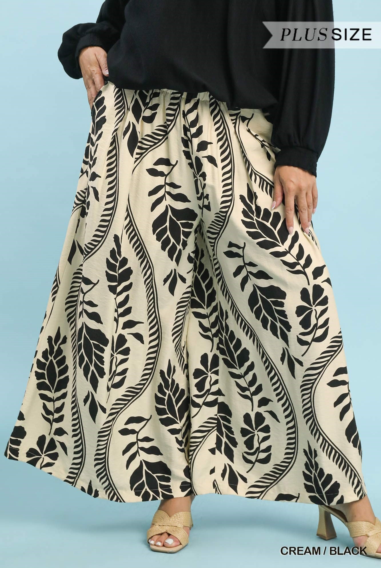 Umgee Plus Tropical Leaf Print Wide Leg Pants – Cream/Black-Curvy/Plus Bottoms-Umgee-Deja Nu Boutique, Women's Fashion Boutique in Lampasas, Texas