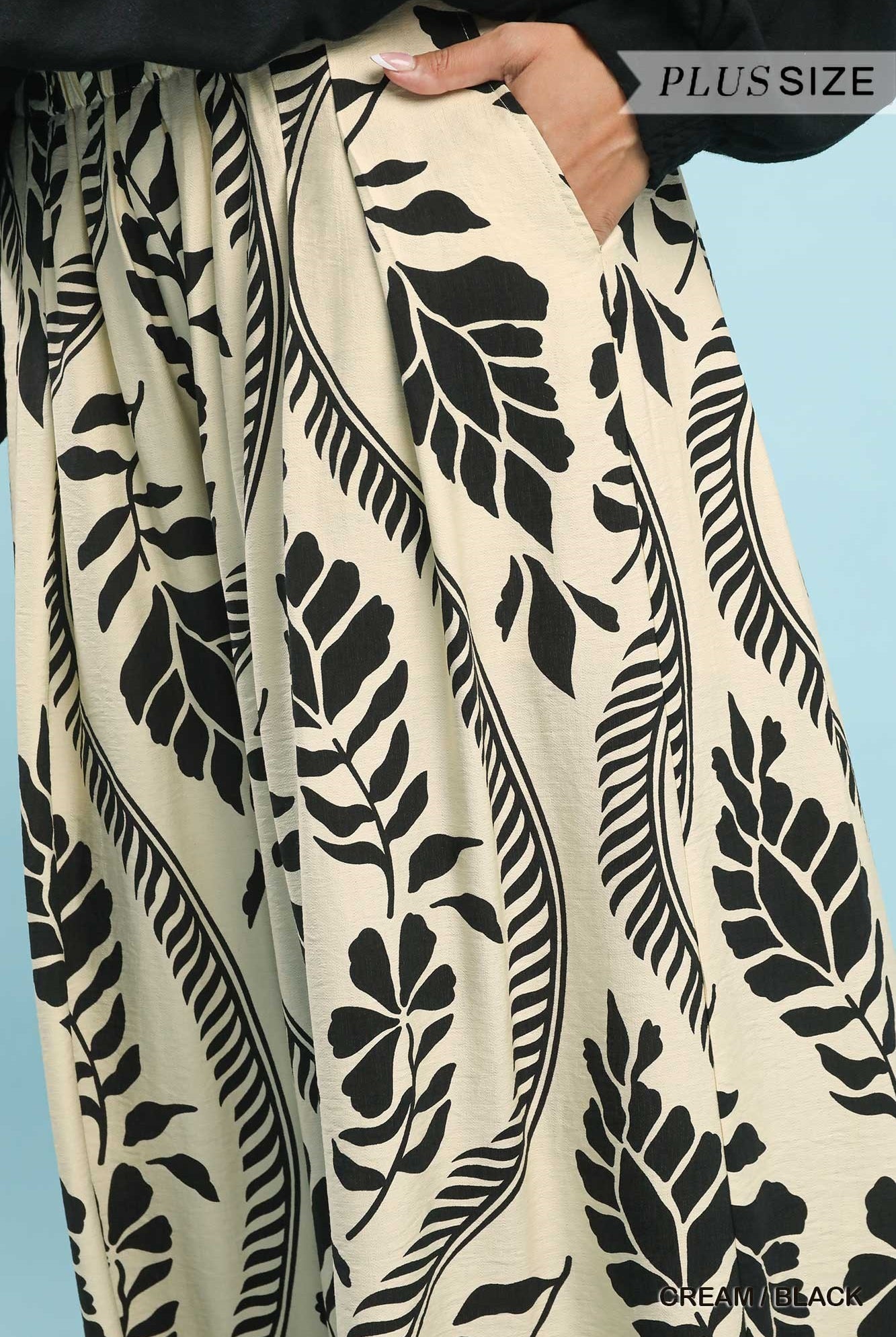 Umgee Plus Tropical Leaf Print Wide Leg Pants – Cream/Black-Curvy/Plus Bottoms-Umgee-Deja Nu Boutique, Women's Fashion Boutique in Lampasas, Texas
