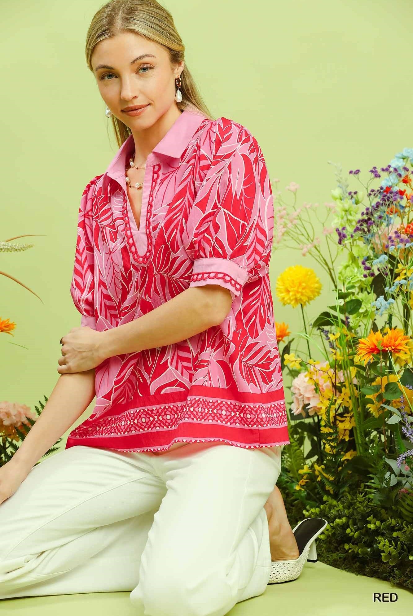 Umgee Red Tropical Print Puff Sleeve Blouse-Tops-Umgee-Deja Nu Boutique, Women's Fashion Boutique in Lampasas, Texas