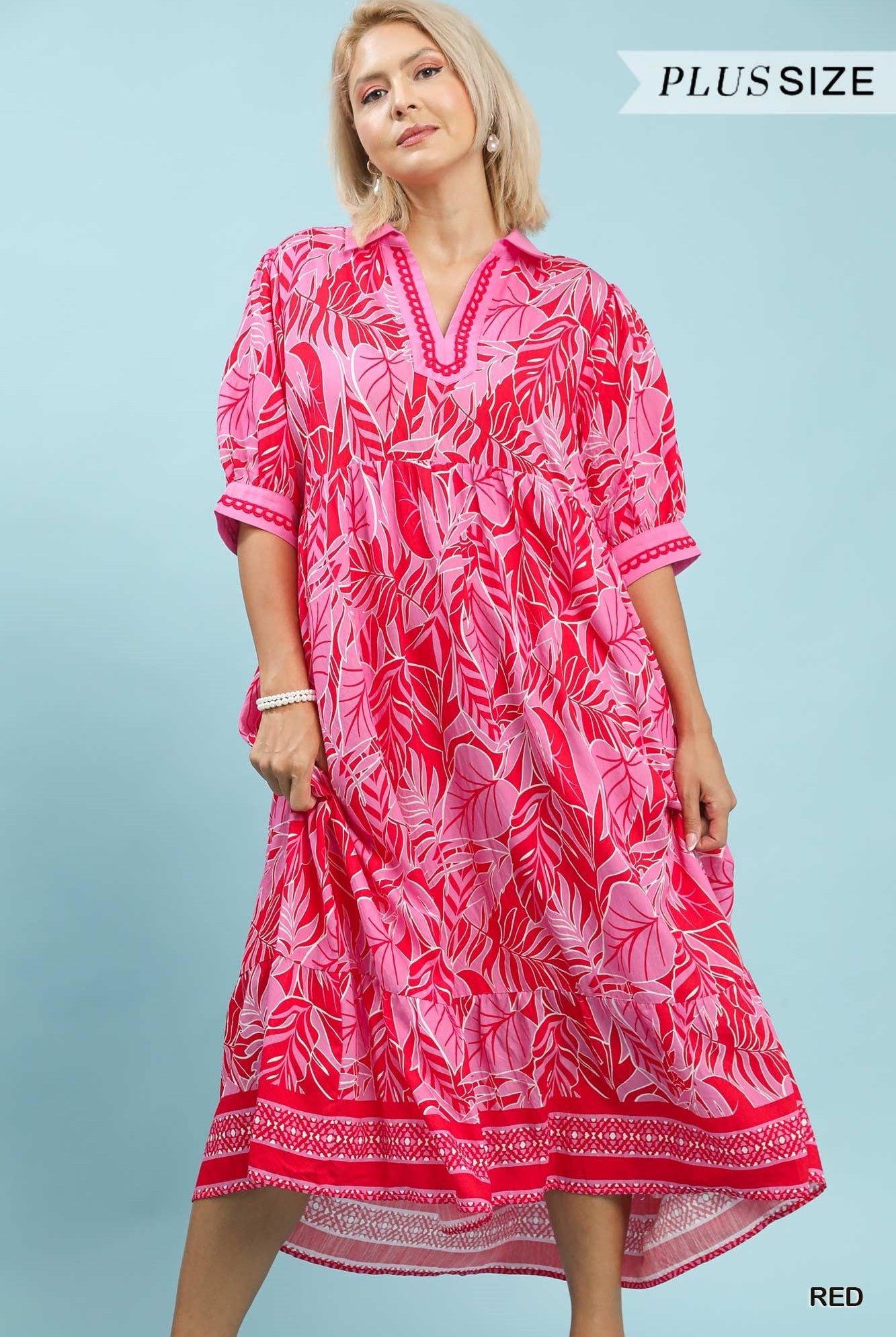 Umgee Red Leafy Border Print V-Neck Midi Dress Plus Size-Curvy/Plus Dresses-Umgee-Deja Nu Boutique, Women's Fashion Boutique in Lampasas, Texas