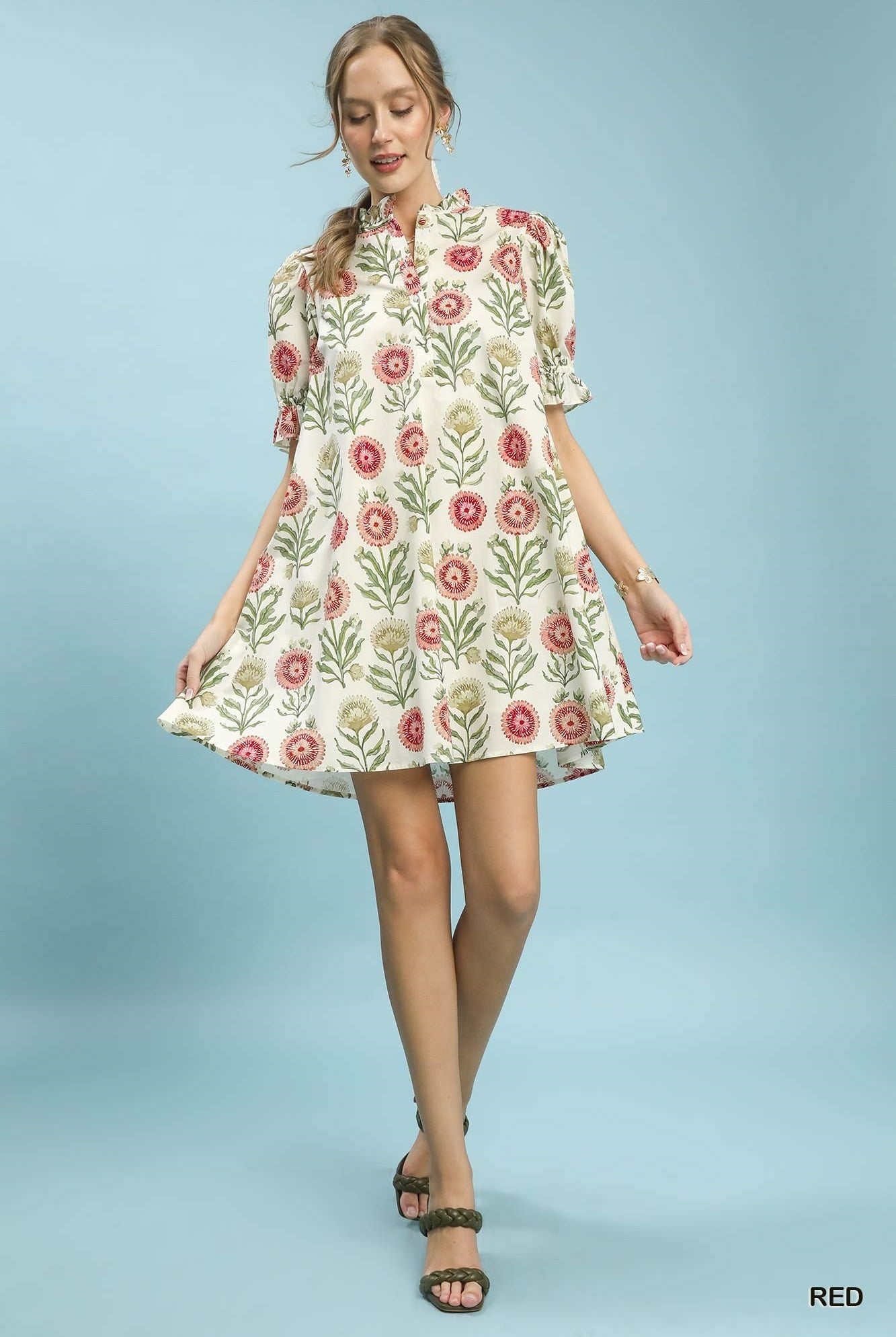 Umgee Floral Puff Sleeve Babydoll Dress – Red-mini dress-Umgee-Deja Nu Boutique, Women's Fashion Boutique in Lampasas, Texas