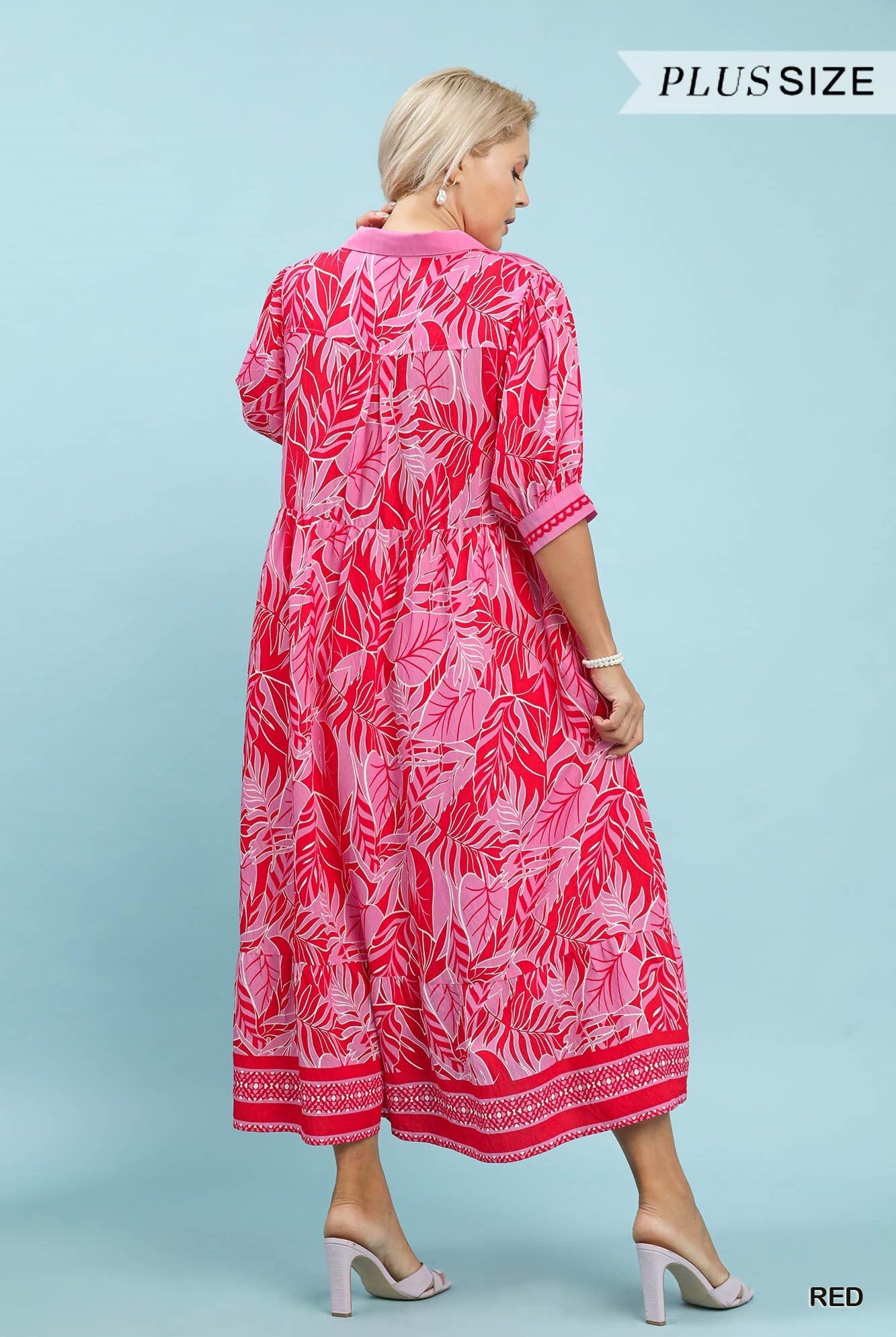 Umgee Red Leafy Border Print V-Neck Midi Dress Plus Size-Curvy/Plus Dresses-Umgee-Deja Nu Boutique, Women's Fashion Boutique in Lampasas, Texas