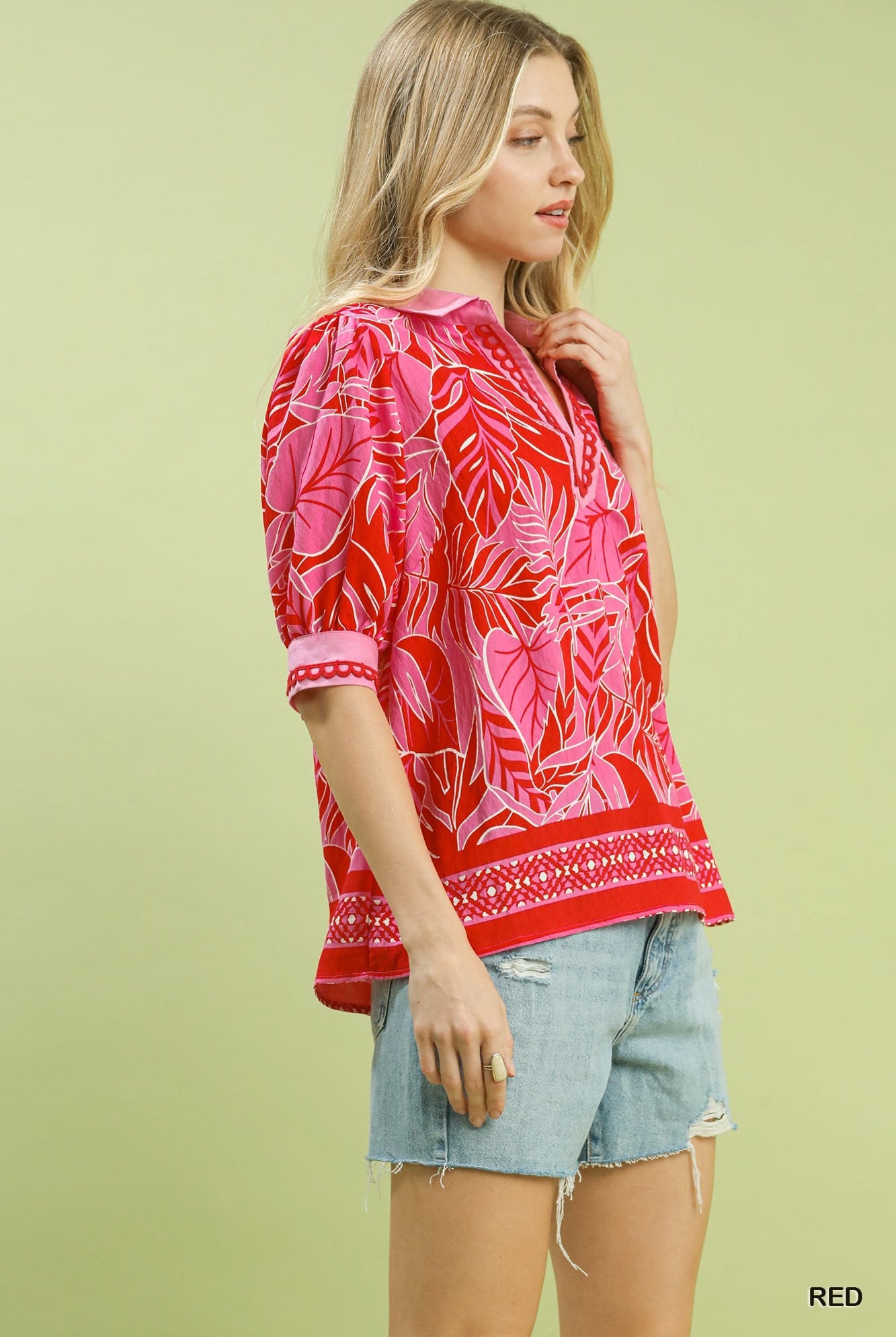 Umgee Red Tropical Print Puff Sleeve Blouse-Tops-Umgee-Deja Nu Boutique, Women's Fashion Boutique in Lampasas, Texas