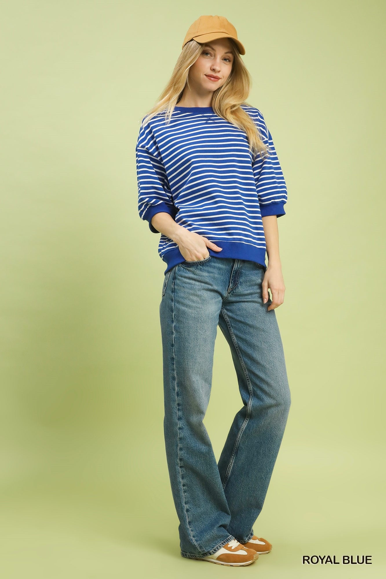 Umgee Royal Blue Striped Puff Sleeve Pullover Top-Tops-Umgee-Deja Nu Boutique, Women's Fashion Boutique in Lampasas, Texas