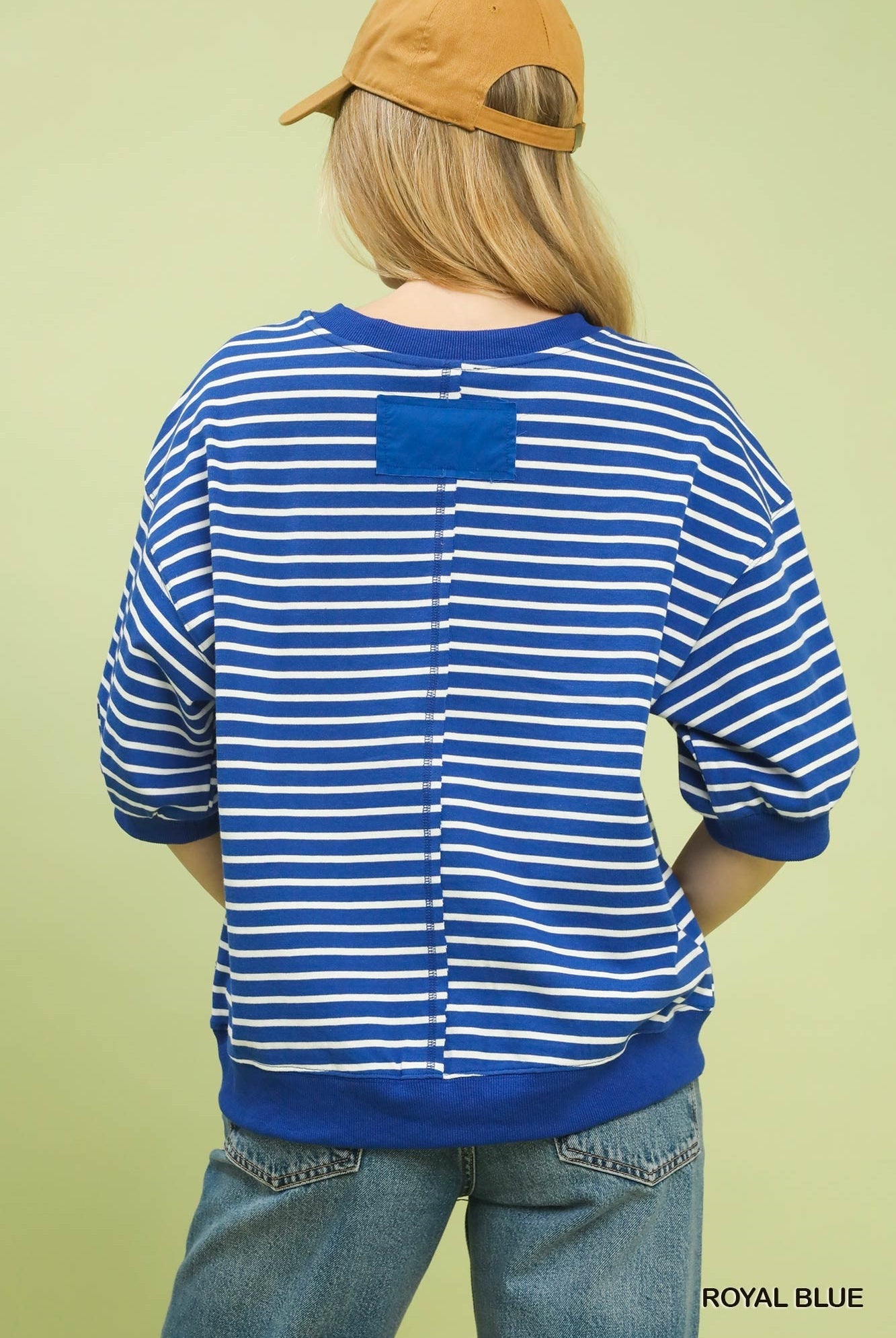 Umgee Royal Blue Striped Puff Sleeve Pullover Top-Tops-Umgee-Deja Nu Boutique, Women's Fashion Boutique in Lampasas, Texas