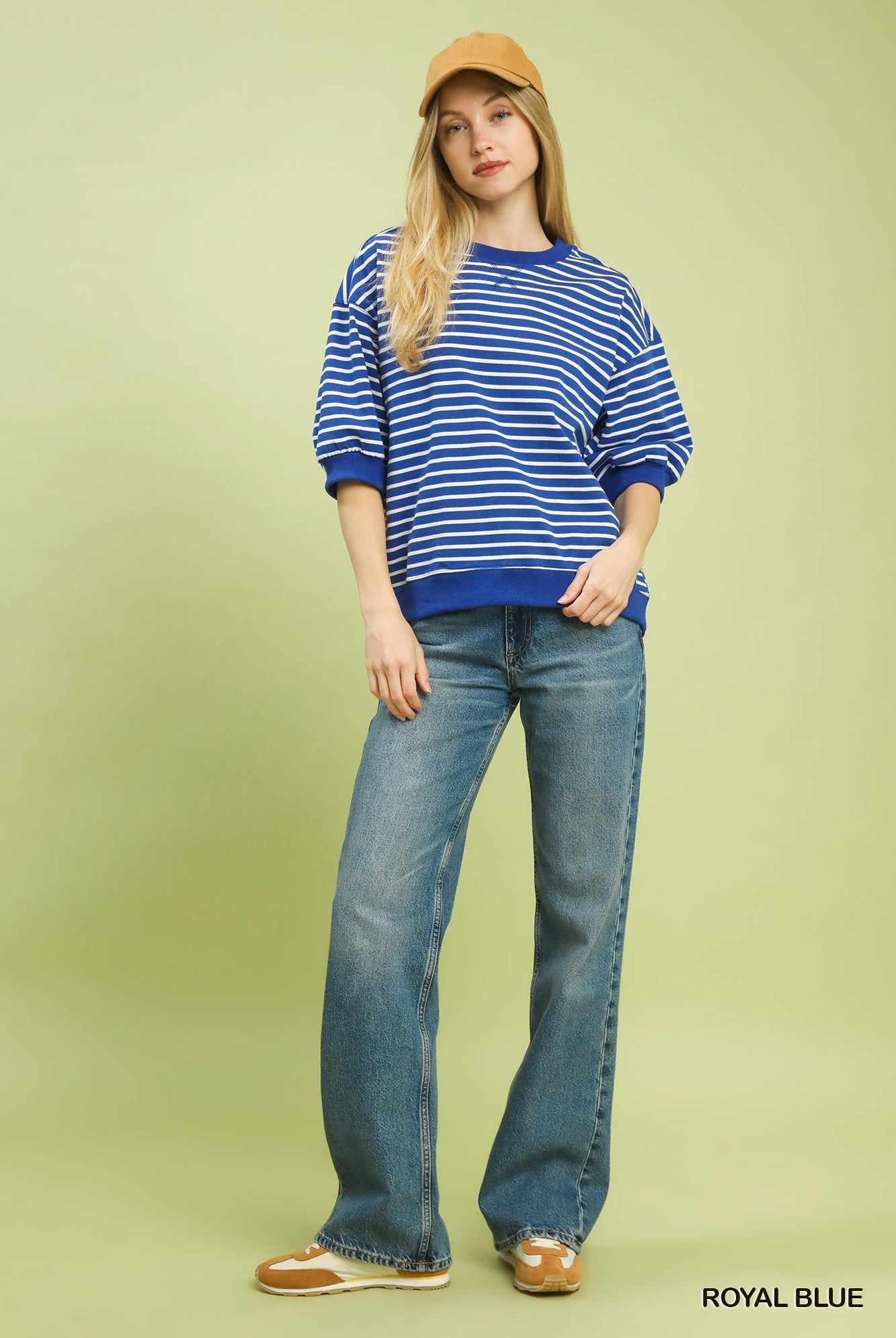Umgee Royal Blue Striped Puff Sleeve Pullover Top-Tops-Umgee-Deja Nu Boutique, Women's Fashion Boutique in Lampasas, Texas